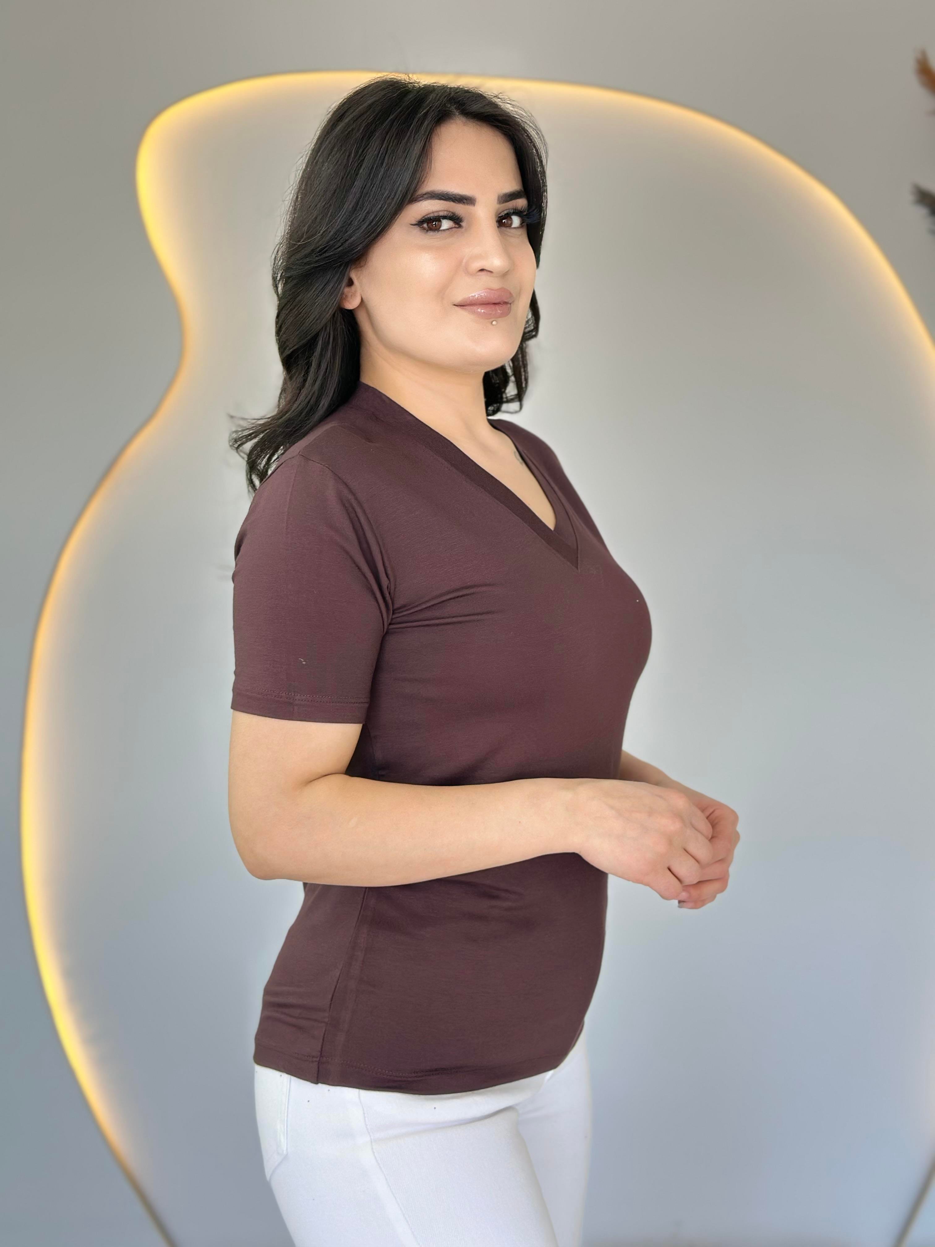 May Kahve V Yaka Basic Tshirt D031