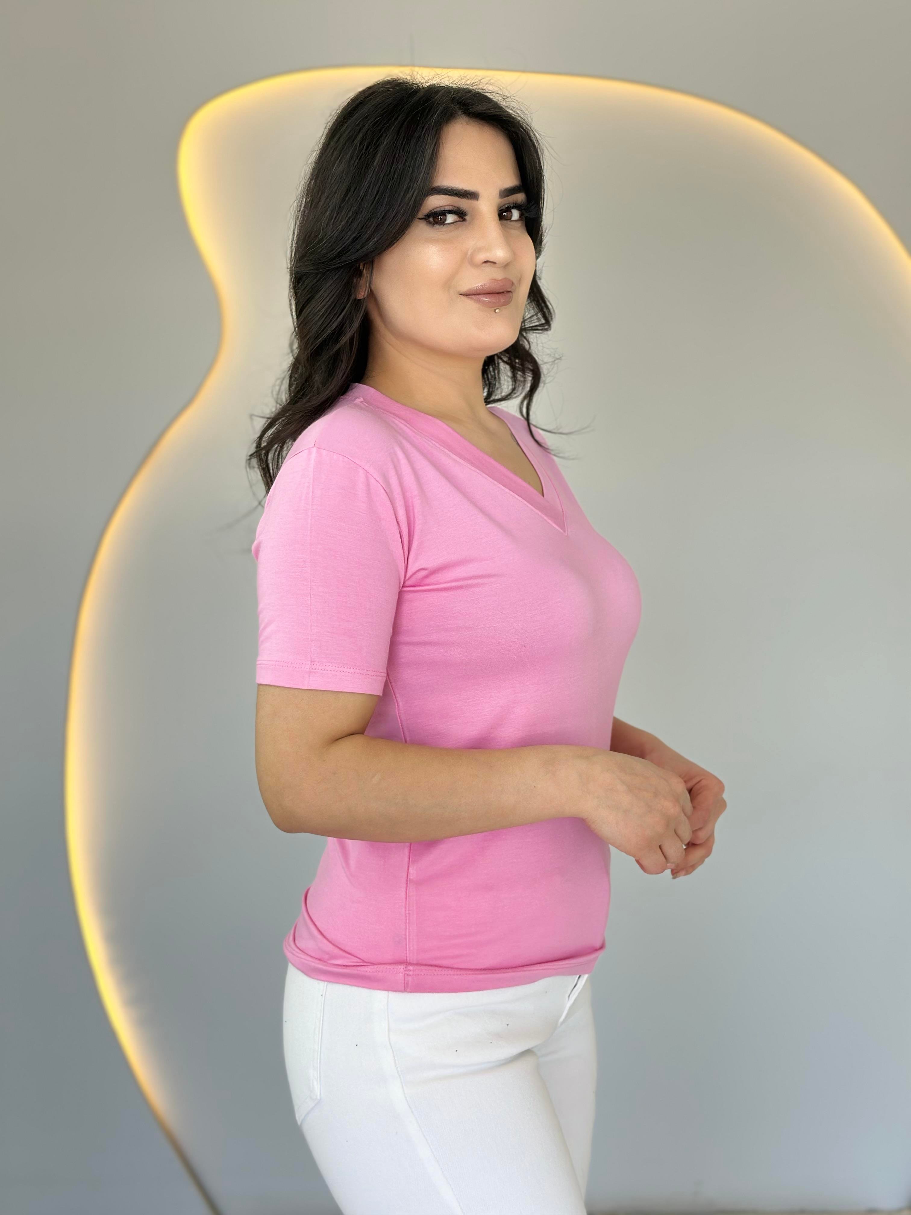 May Şeker Pembe V Yaka Basic Tshirt D031