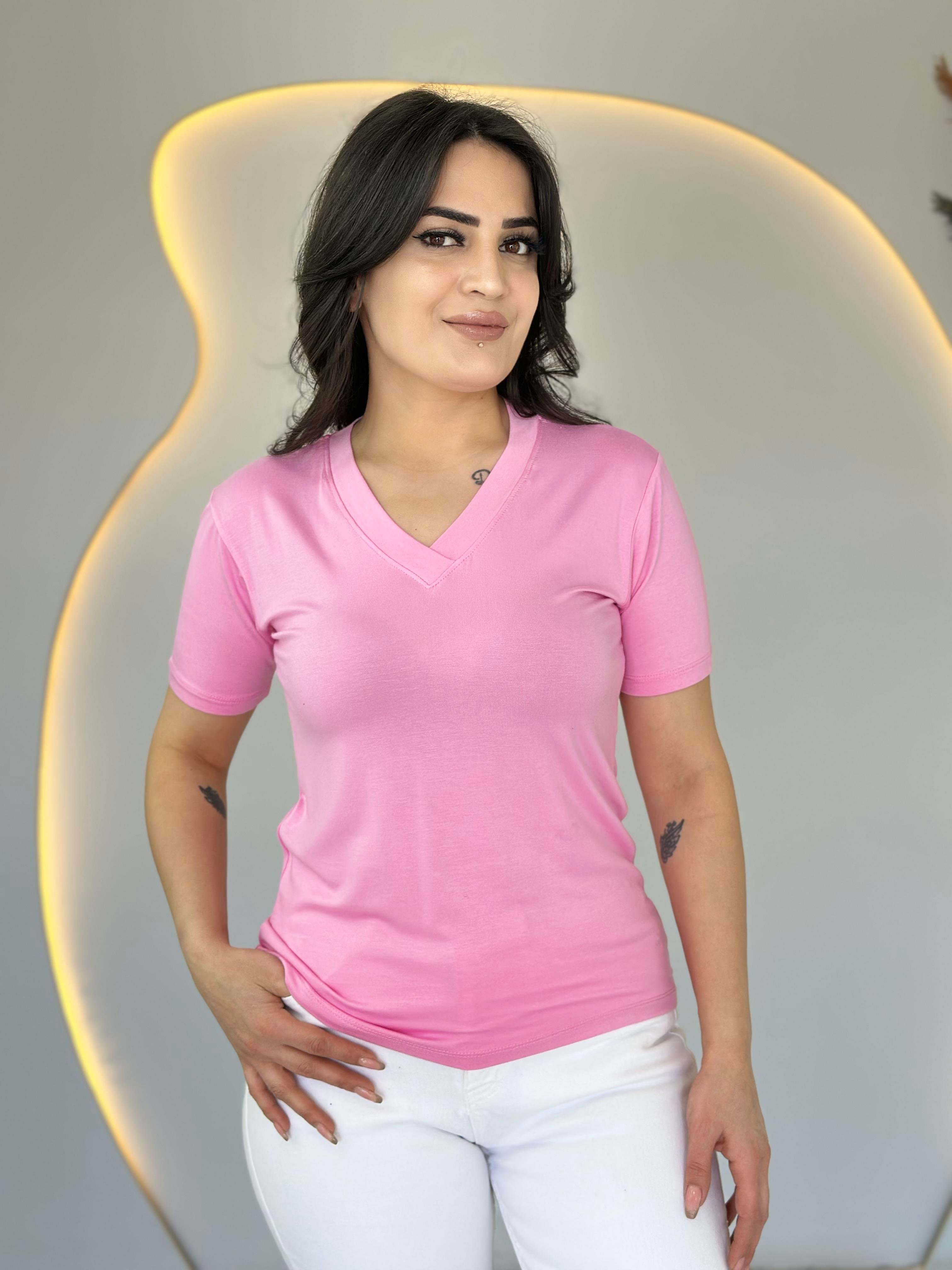 May Şeker Pembe V Yaka Basic Tshirt D031