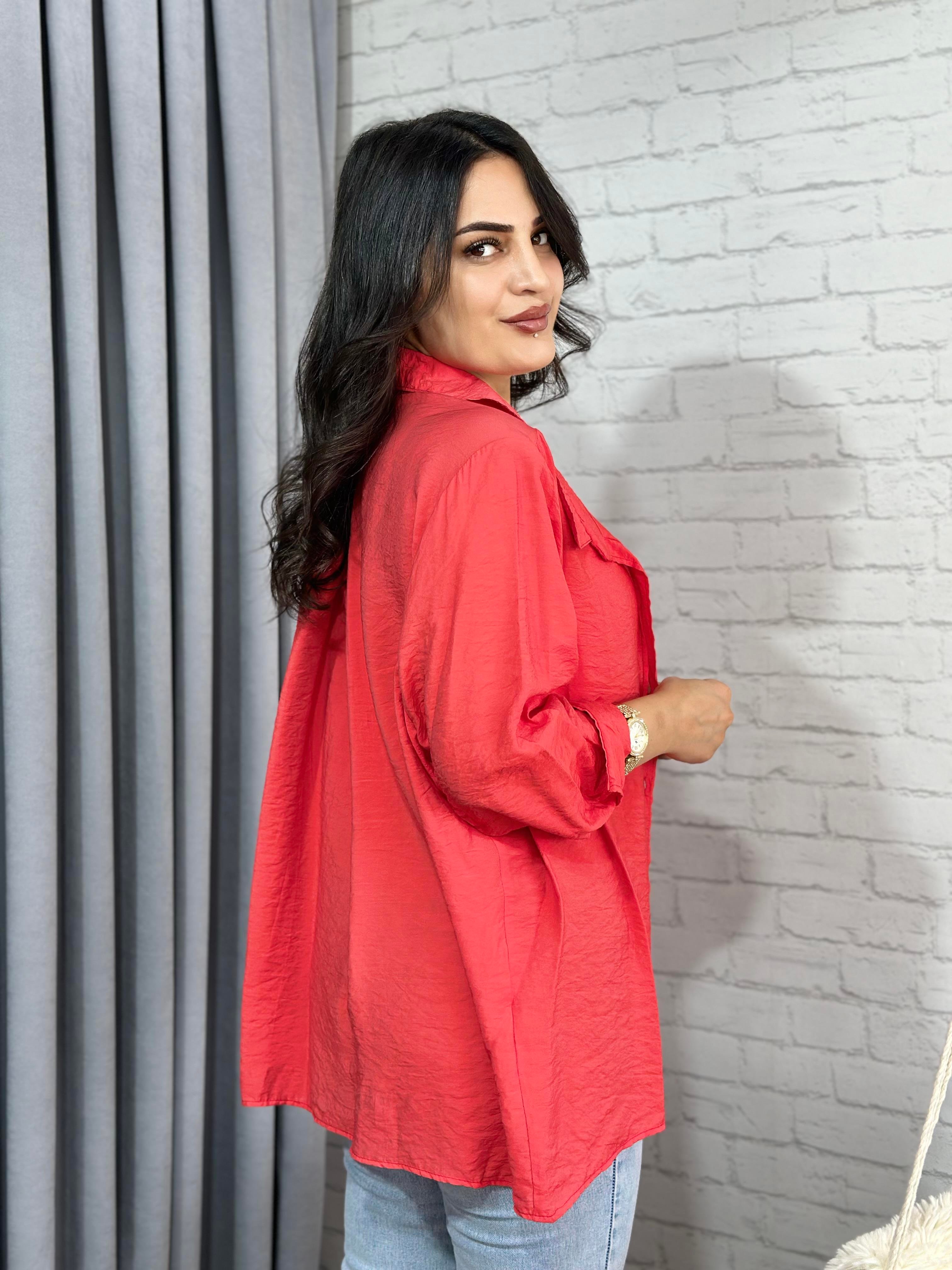 Mercan Tensel Bambu Oversize Cepli Gömlek