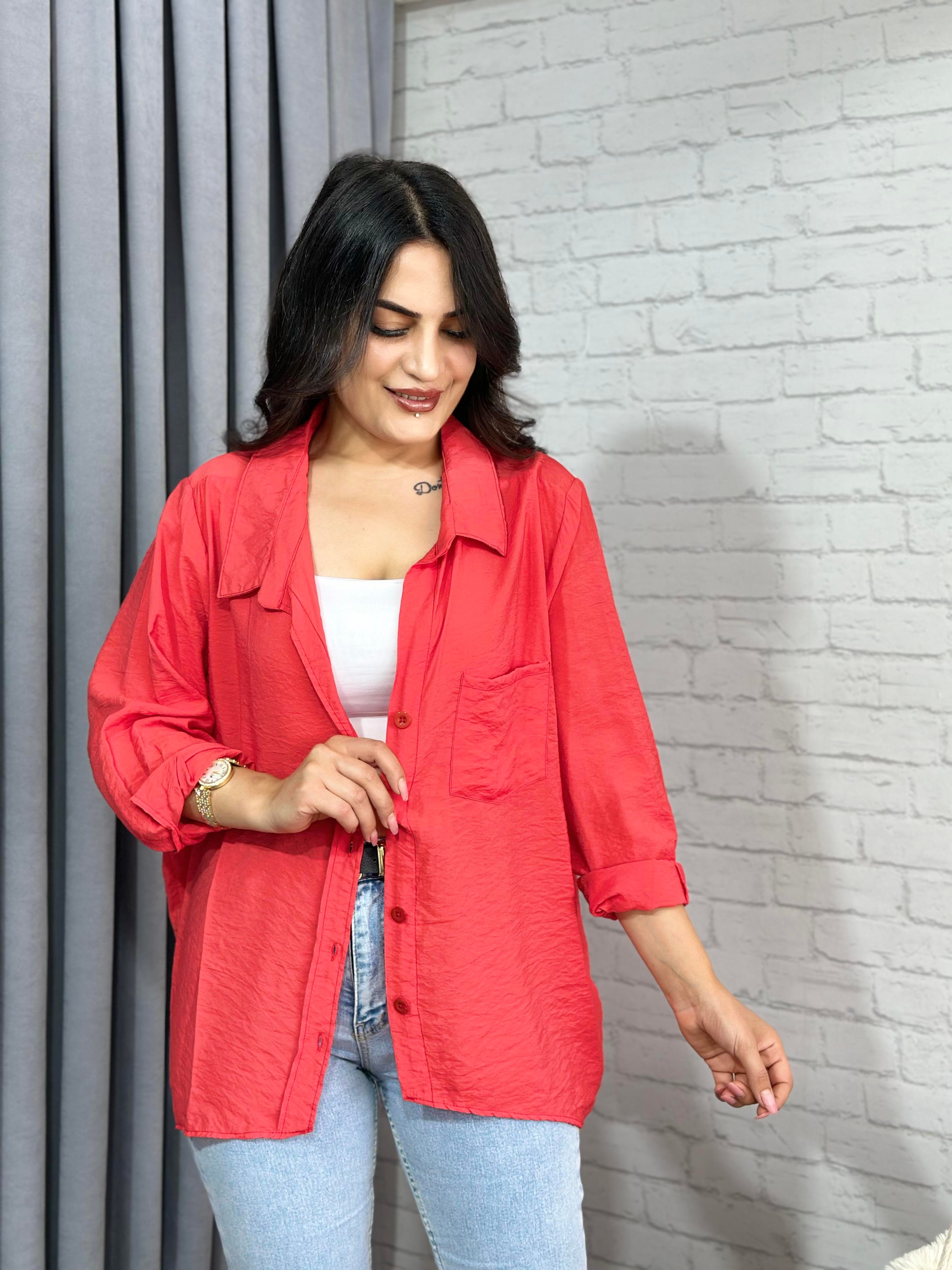 Mercan Tensel Bambu Oversize Cepli Gömlek