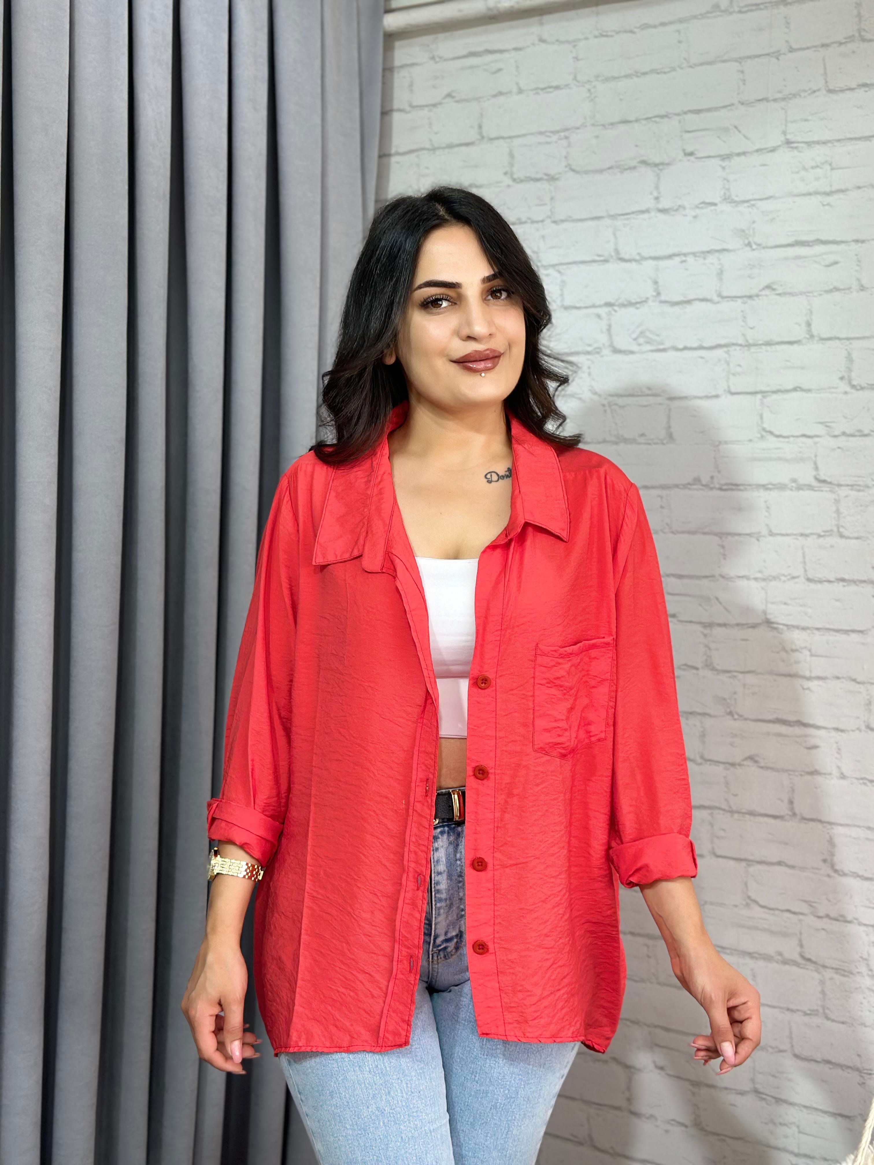 Mercan Tensel Bambu Oversize Cepli Gömlek