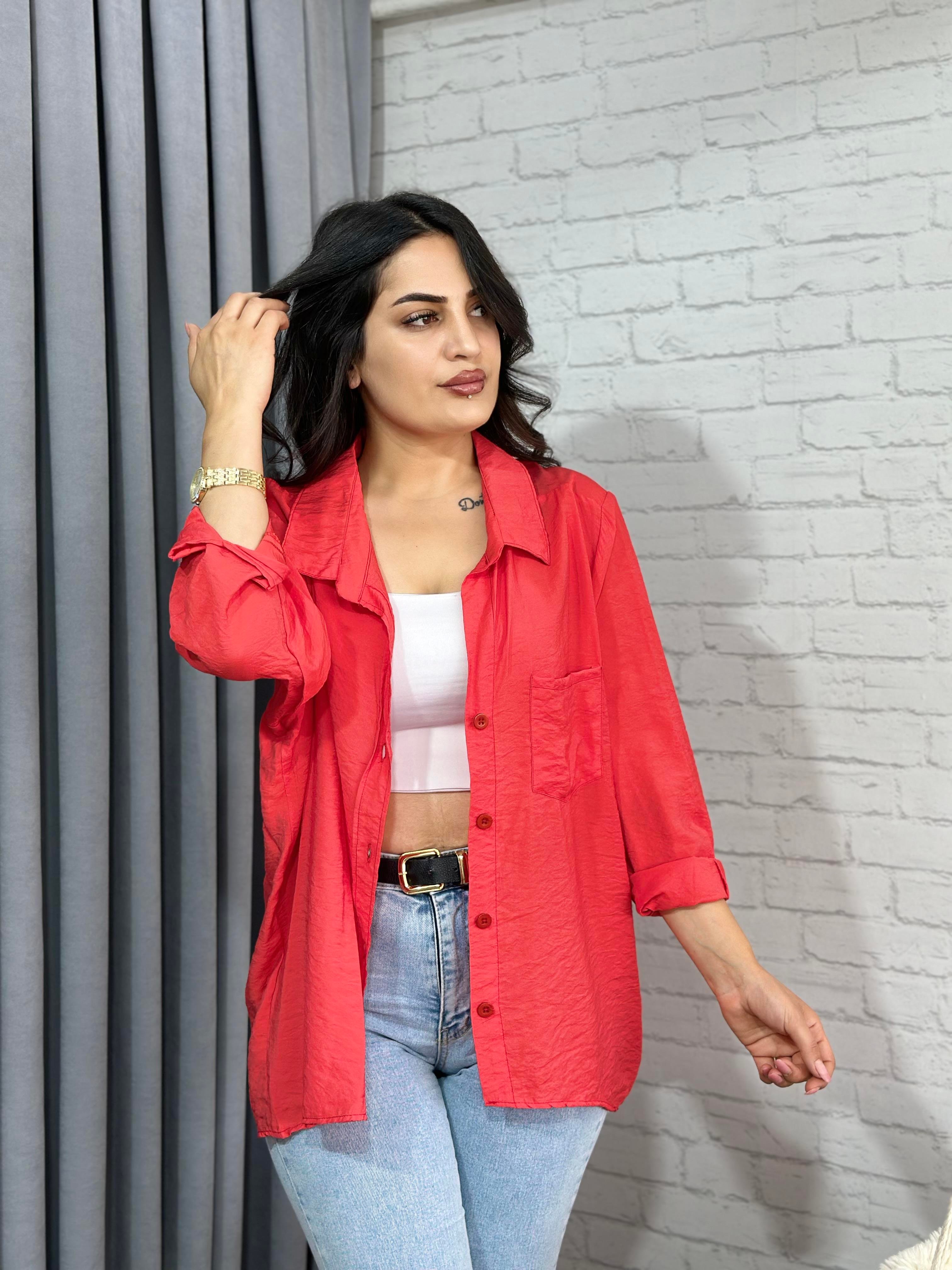 Mercan Tensel Bambu Oversize Cepli Gömlek