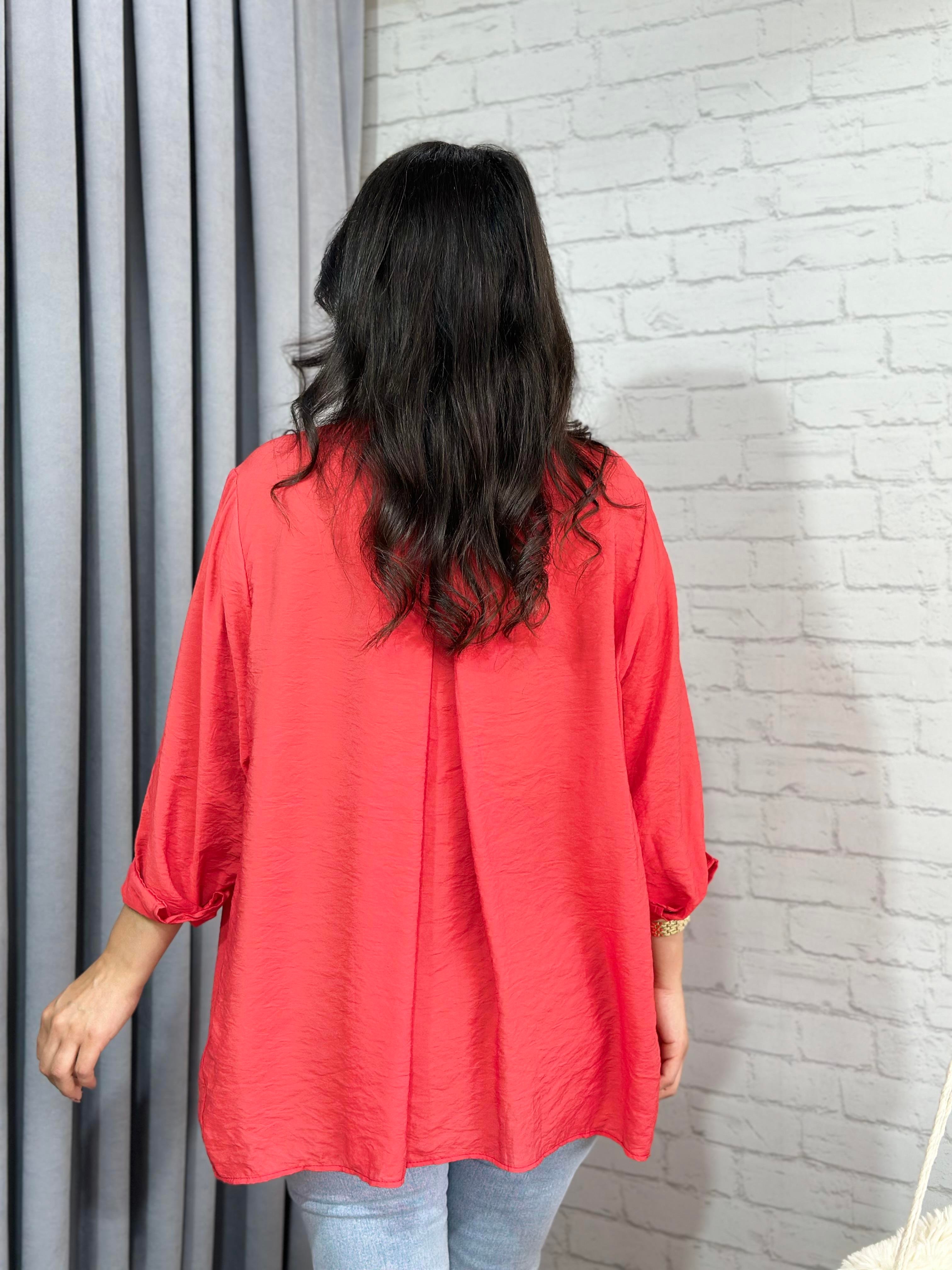 Mercan Tensel Bambu Oversize Cepli Gömlek