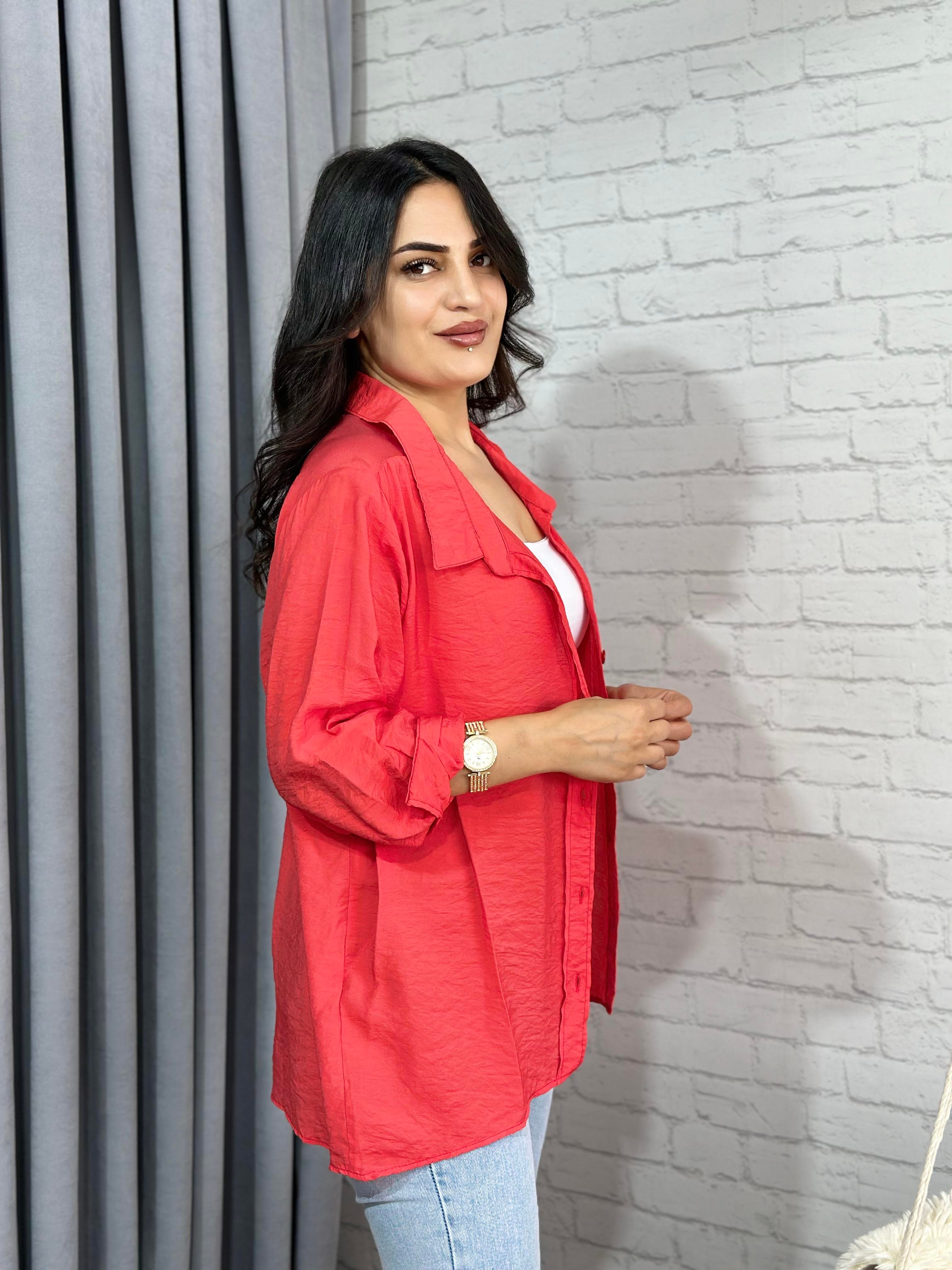 Mercan Tensel Bambu Oversize Cepli Gömlek