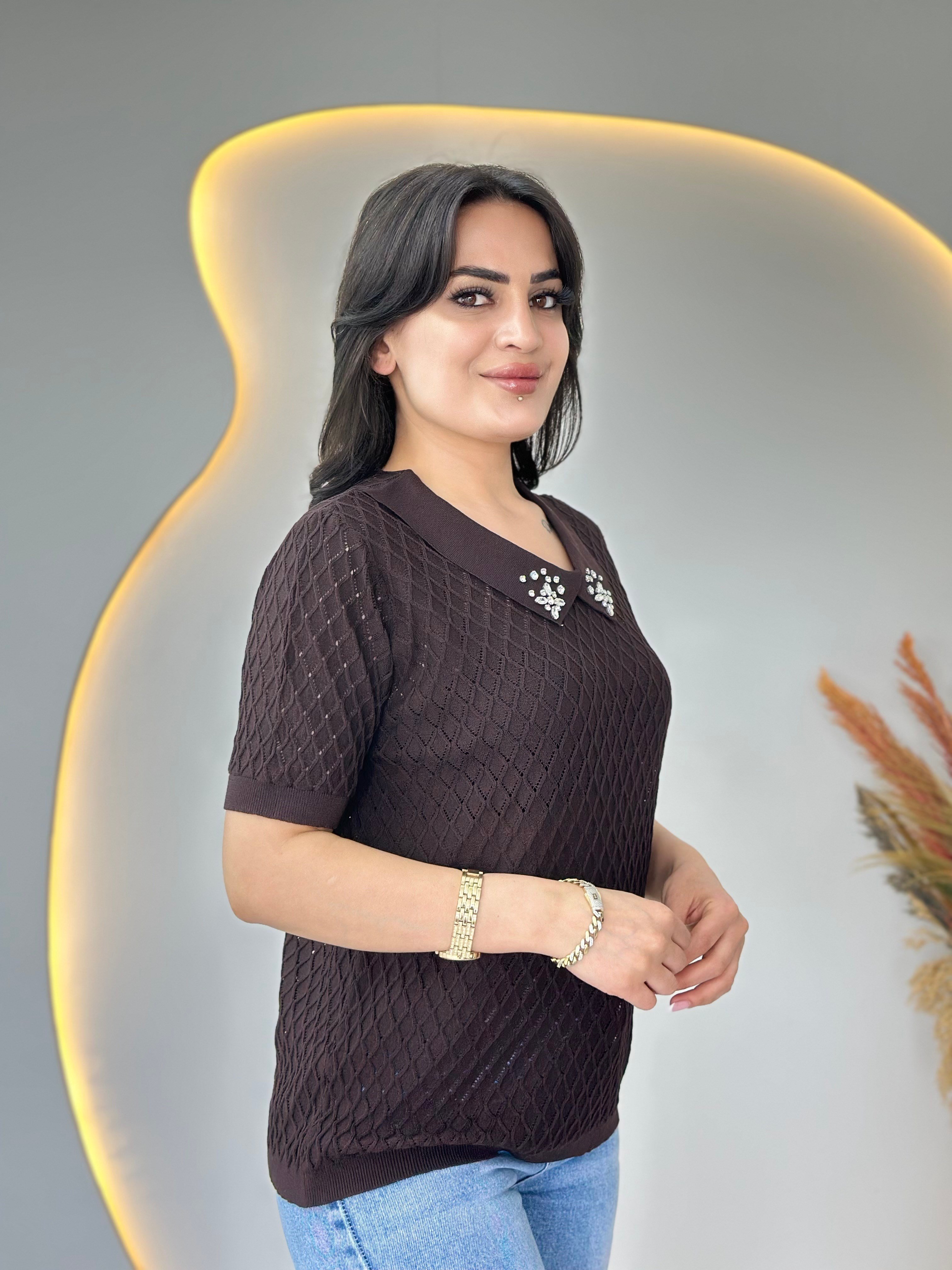Mia Acı Kahve Bebe Yaka Taş Detaylı Ajurlu Merserize Örme Triko D112