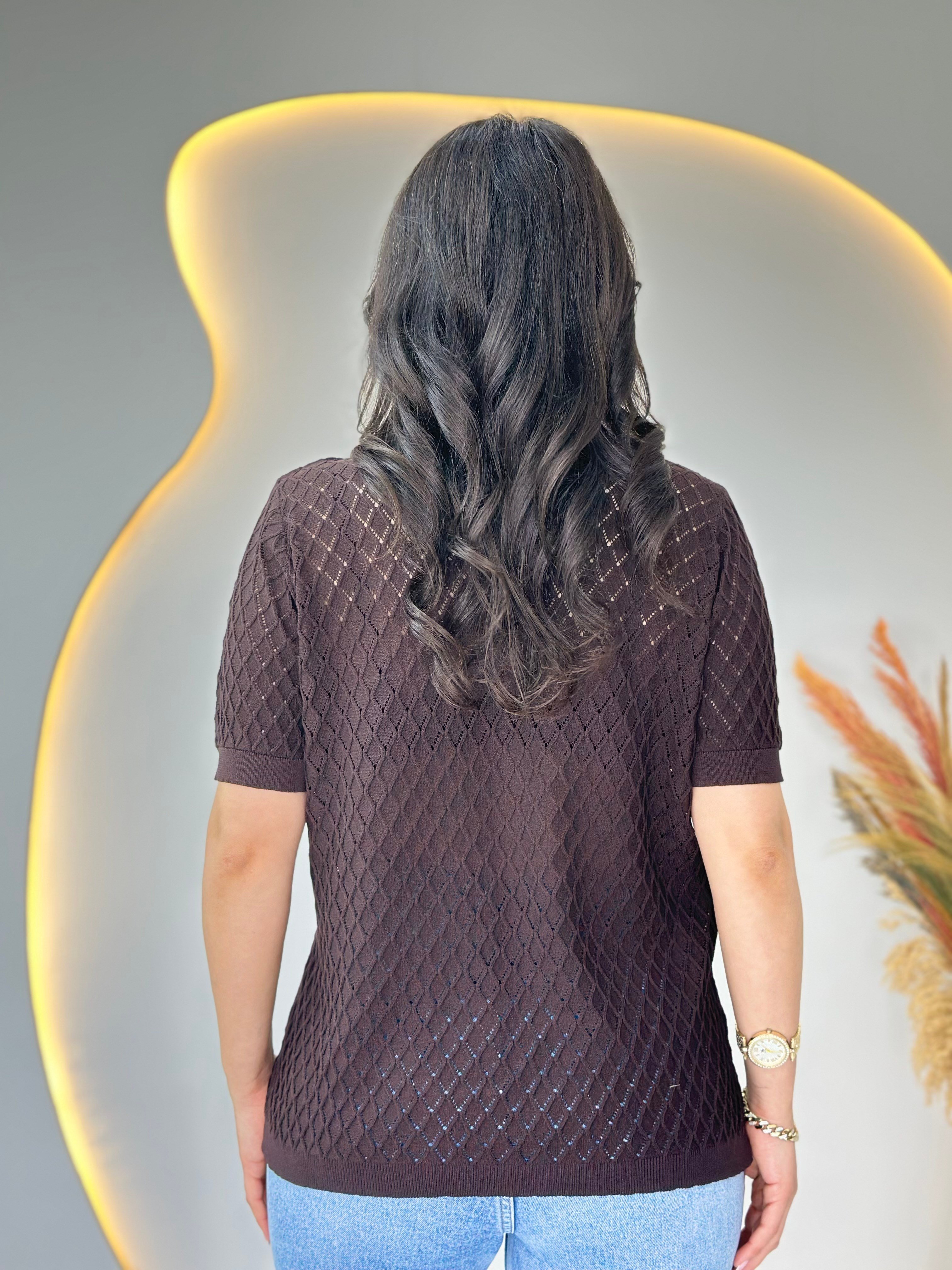 Mia Acı Kahve Bebe Yaka Taş Detaylı Ajurlu Merserize Örme Triko D112