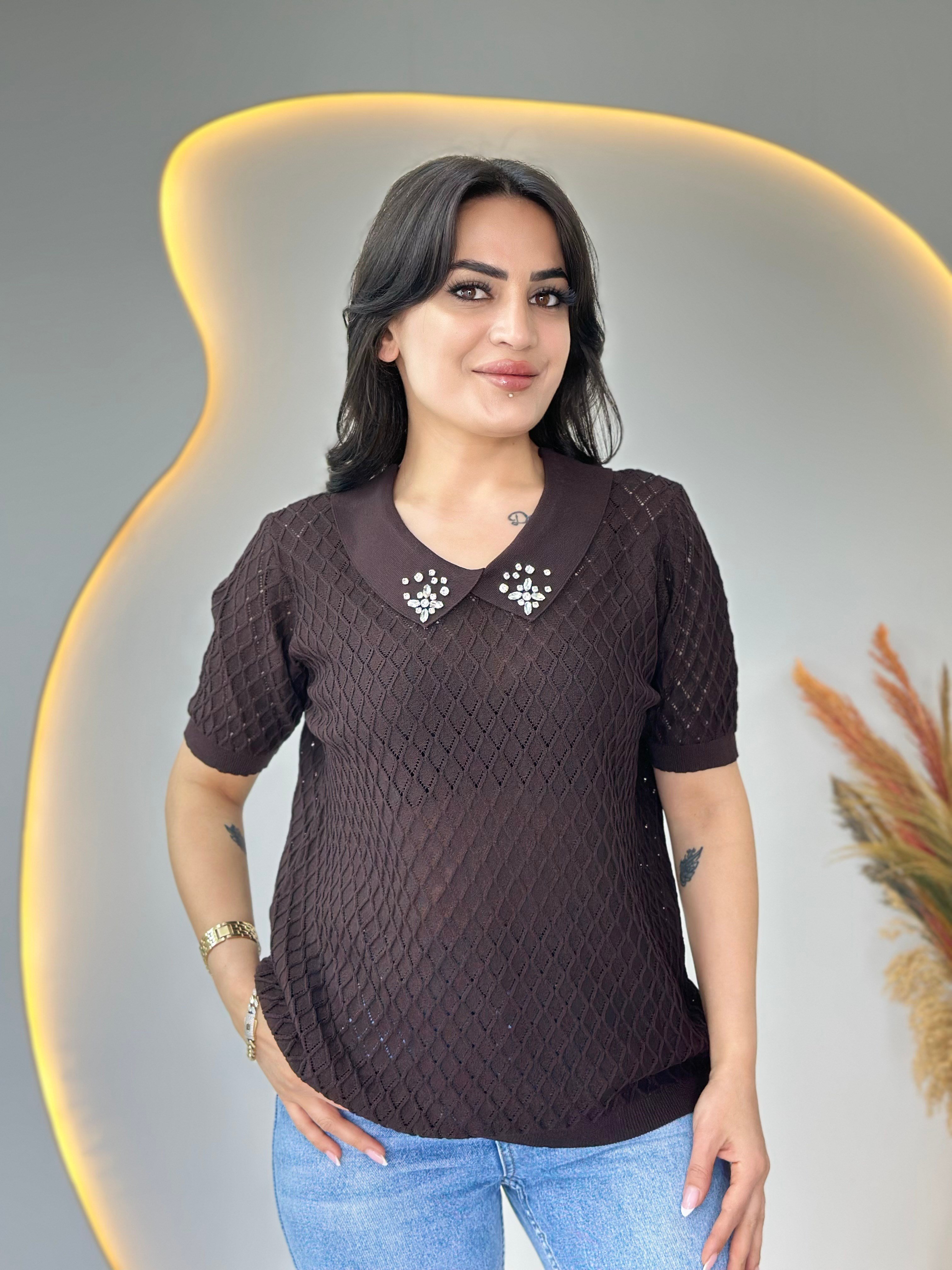 Mia Acı Kahve Bebe Yaka Taş Detaylı Ajurlu Merserize Örme Triko D112