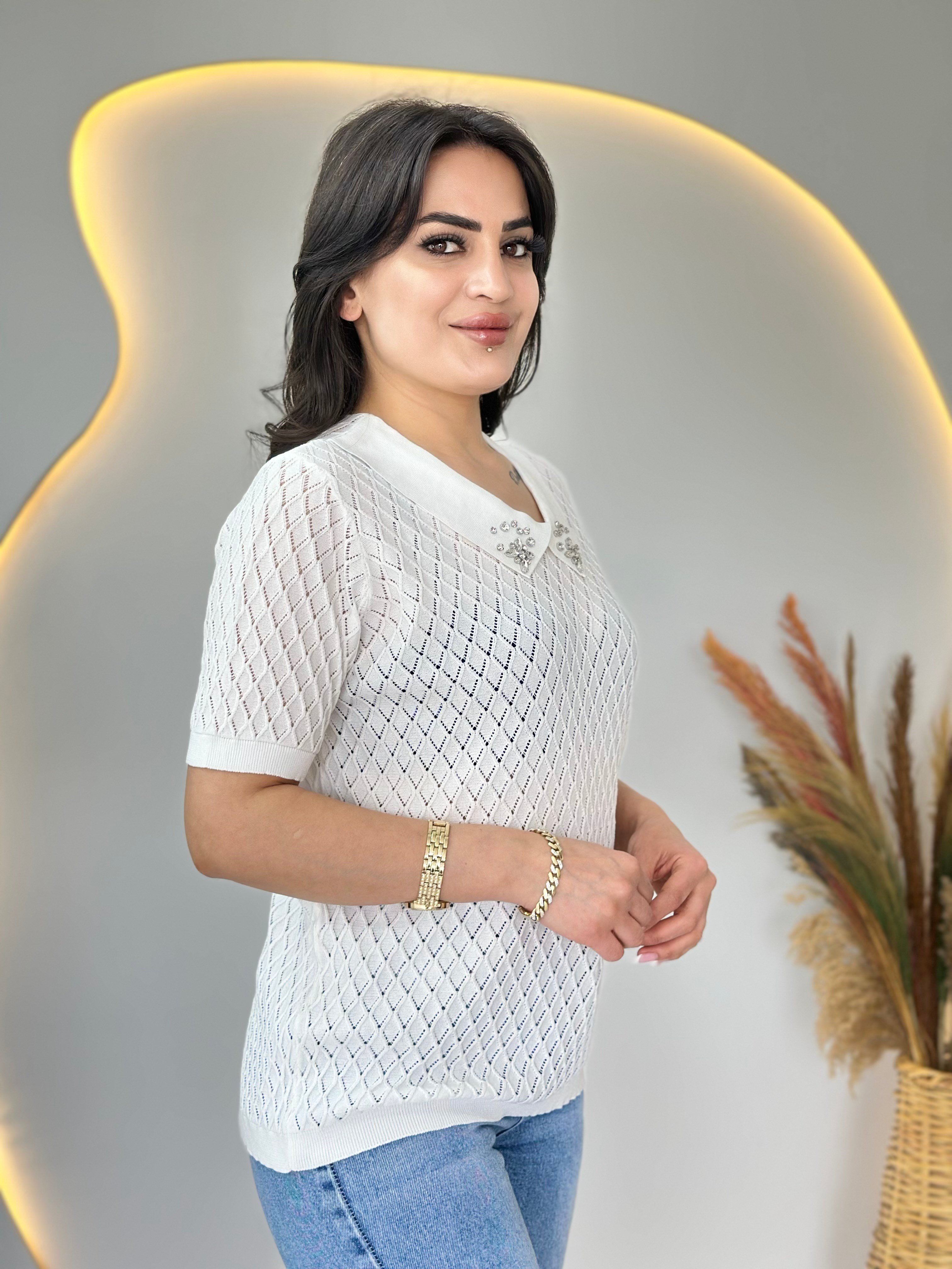 Mia Beyaz Bebe Yaka Taş Detaylı Ajurlu Merserize Örme Triko D112