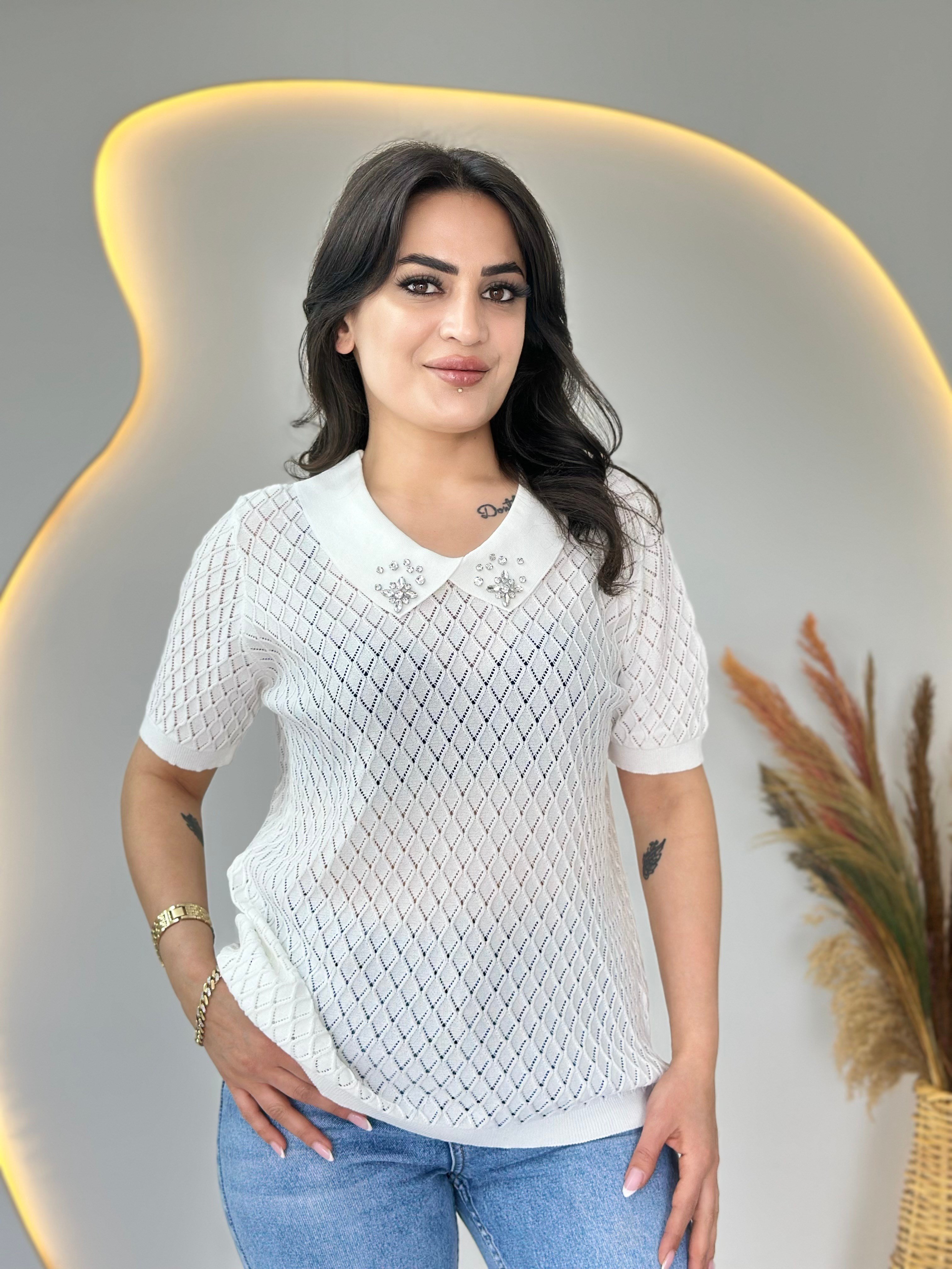 Mia Beyaz Bebe Yaka Taş Detaylı Ajurlu Merserize Örme Triko D112