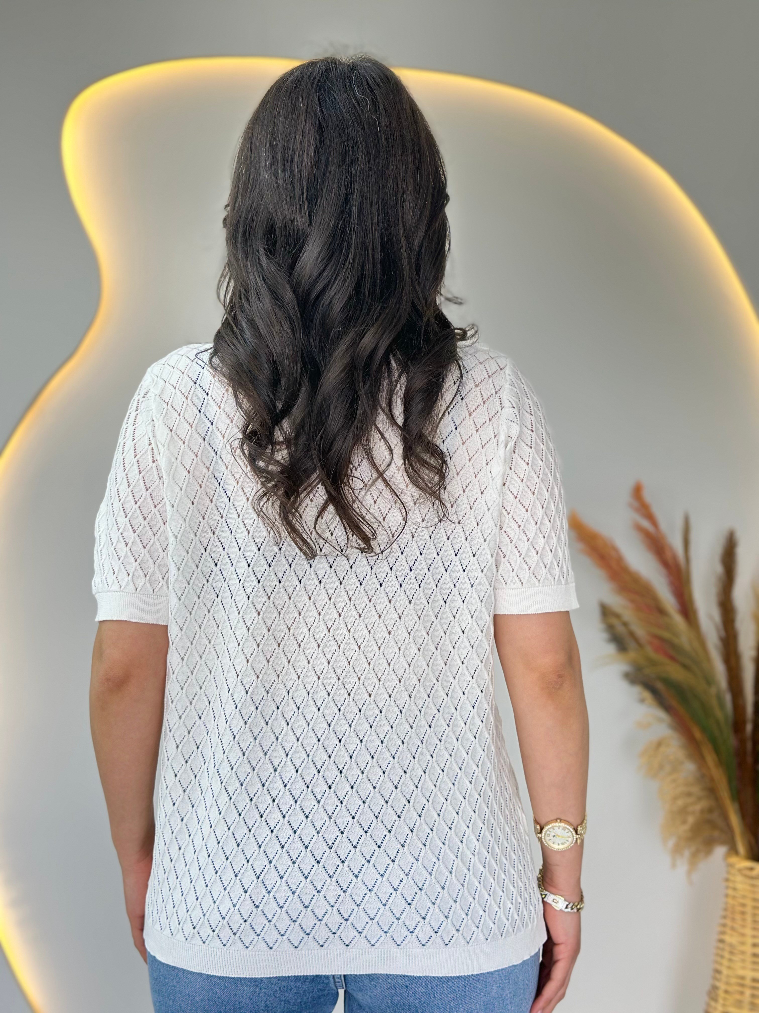Mia Beyaz Bebe Yaka Taş Detaylı Ajurlu Merserize Örme Triko D112