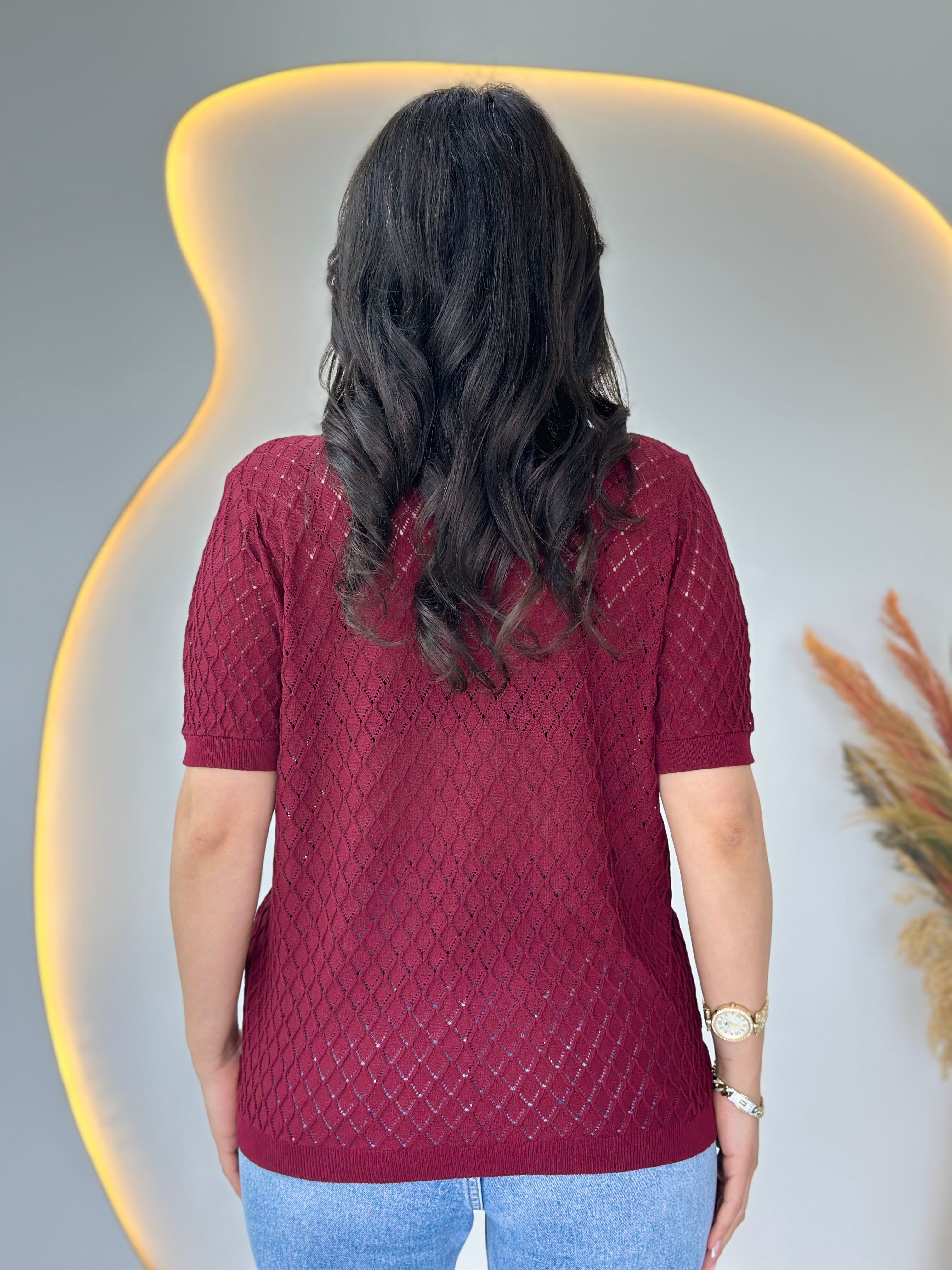Mia Bordo Bebe Yaka Taş Detaylı Ajurlu Merserize Örme Triko D112