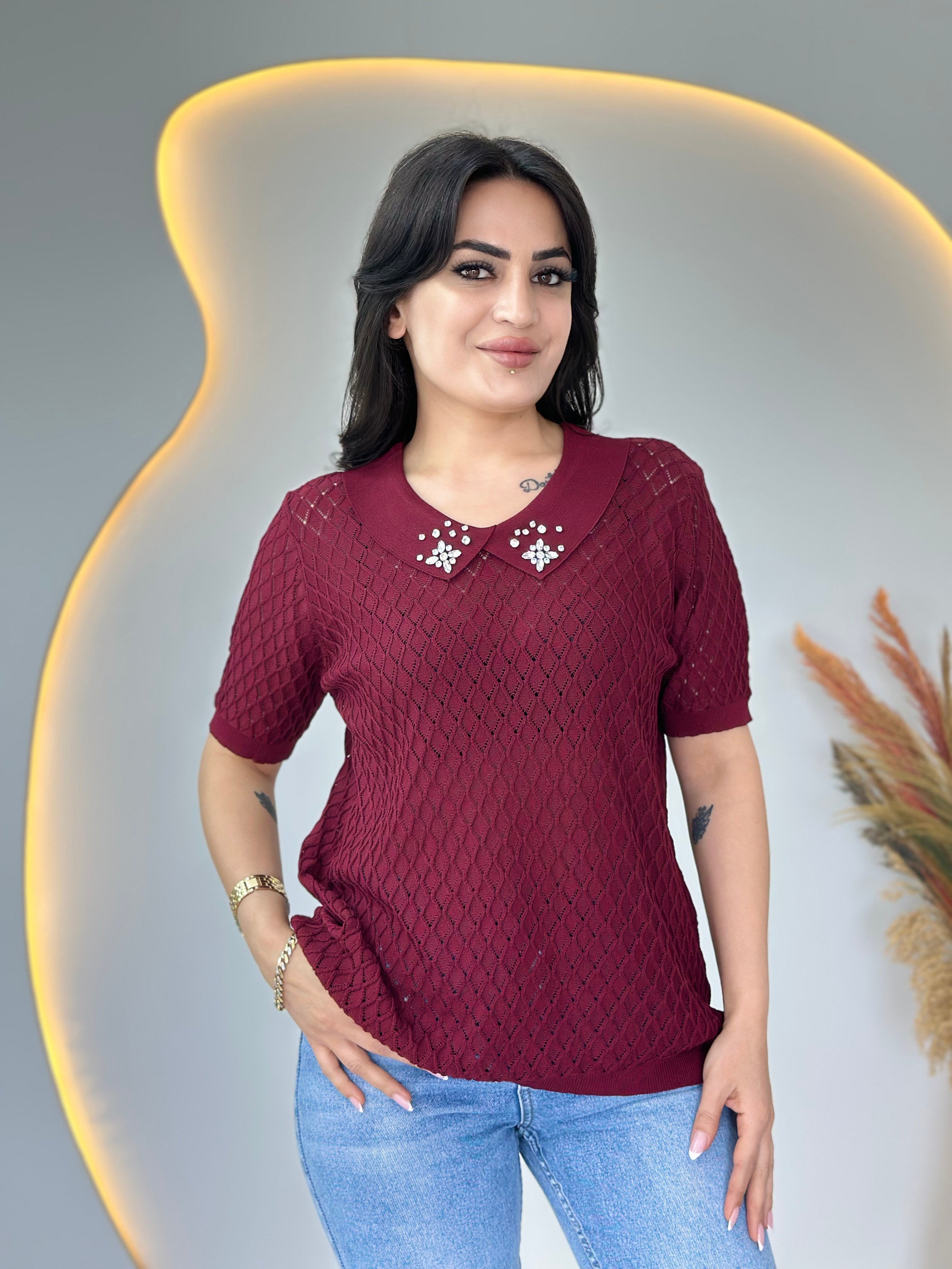 Mia Bordo Bebe Yaka Taş Detaylı Ajurlu Merserize Örme Triko D112