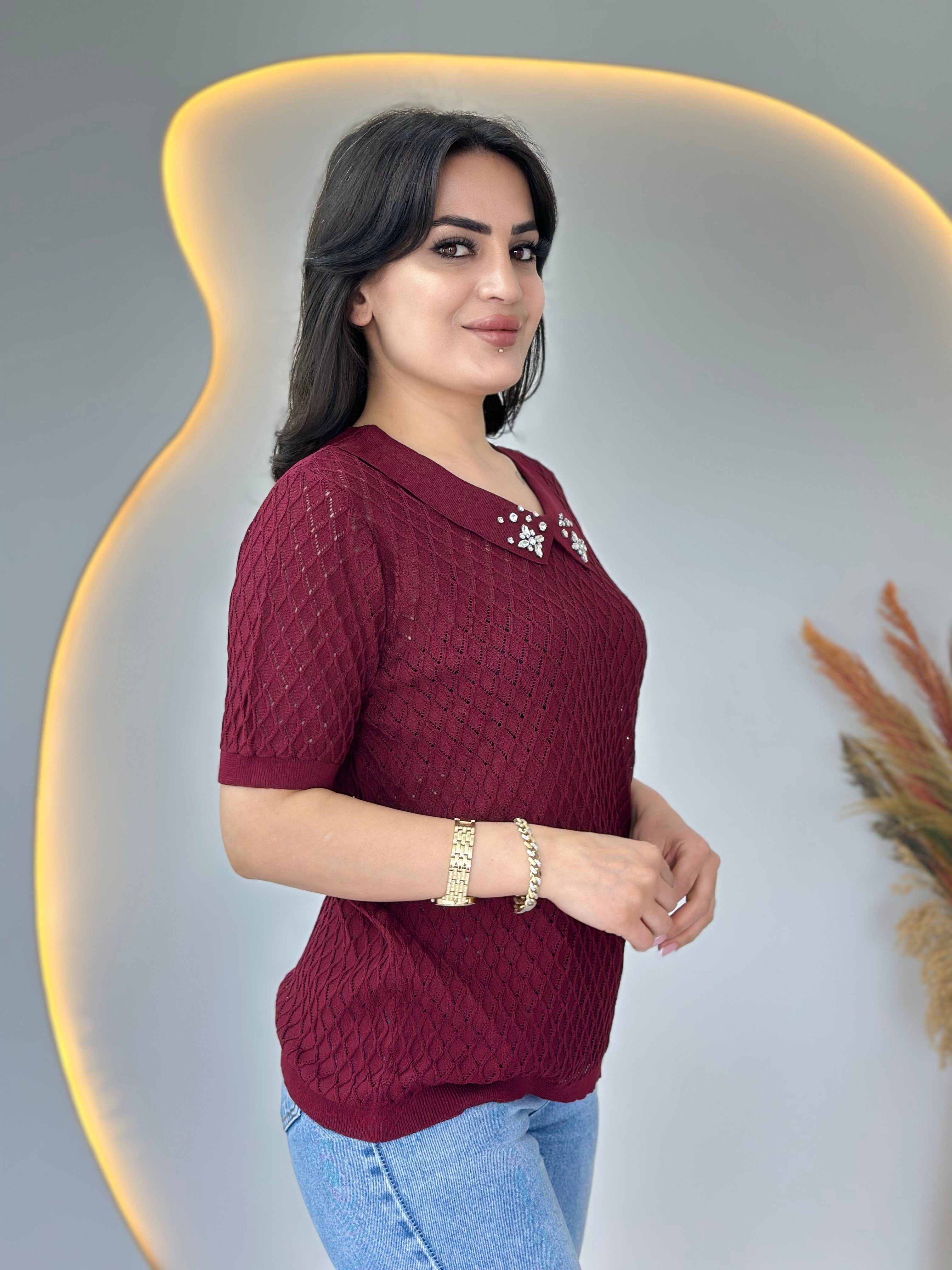 Mia Bordo Bebe Yaka Taş Detaylı Ajurlu Merserize Örme Triko D112