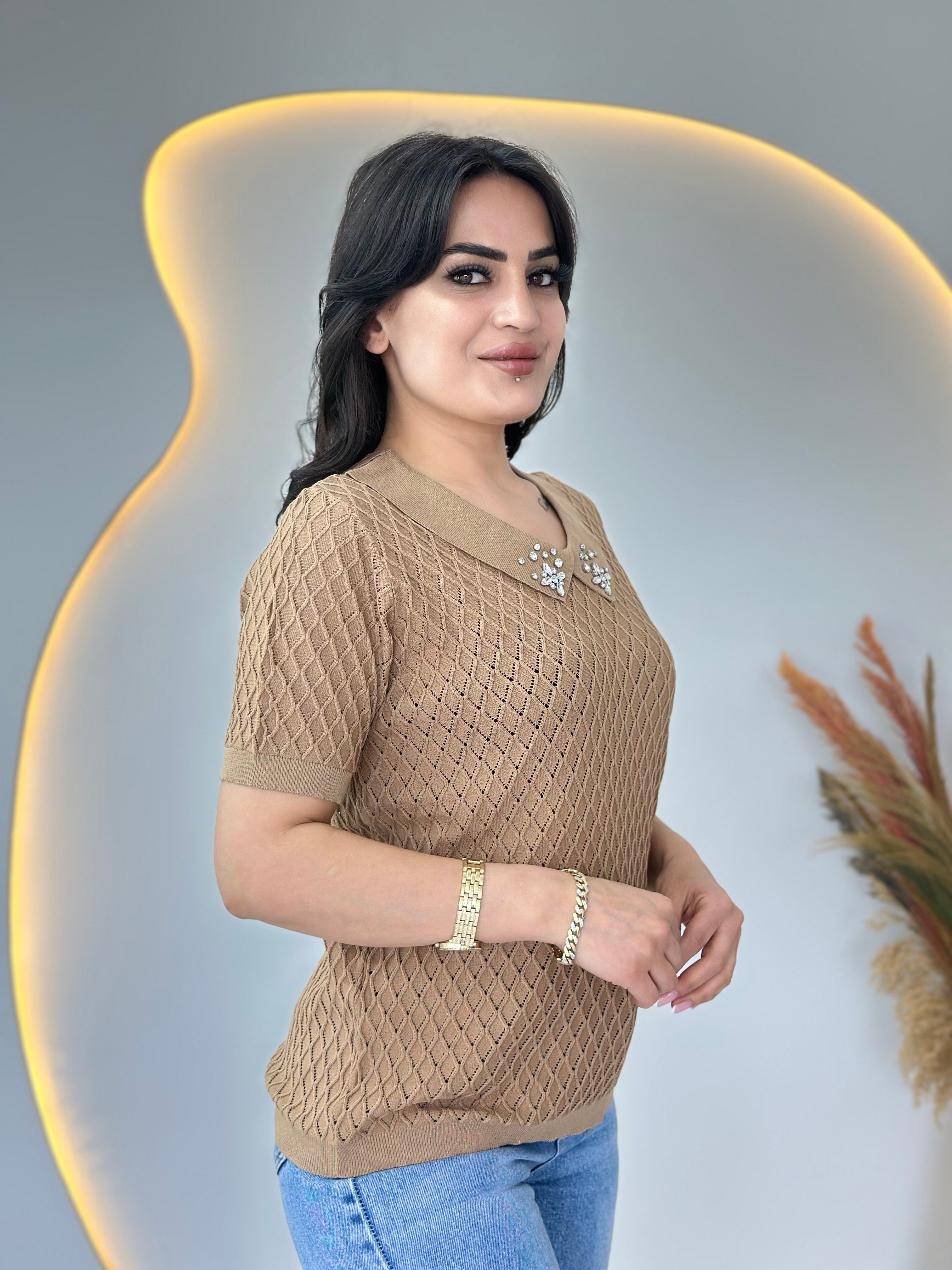 Mia Camel Bebe Yaka Taş Detaylı Ajurlu Merserize Örme Triko D112