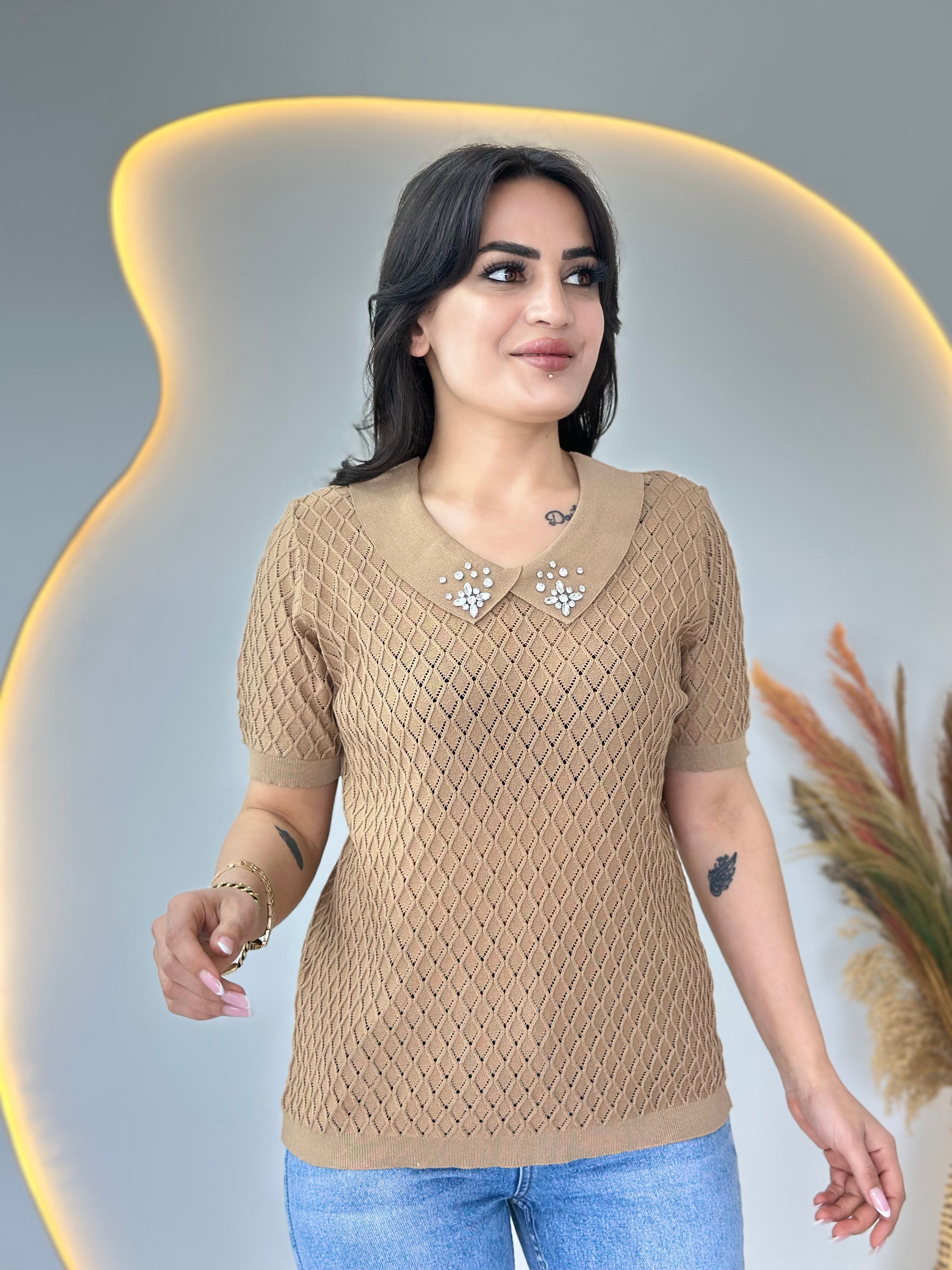 Mia Camel Bebe Yaka Taş Detaylı Ajurlu Merserize Örme Triko D112
