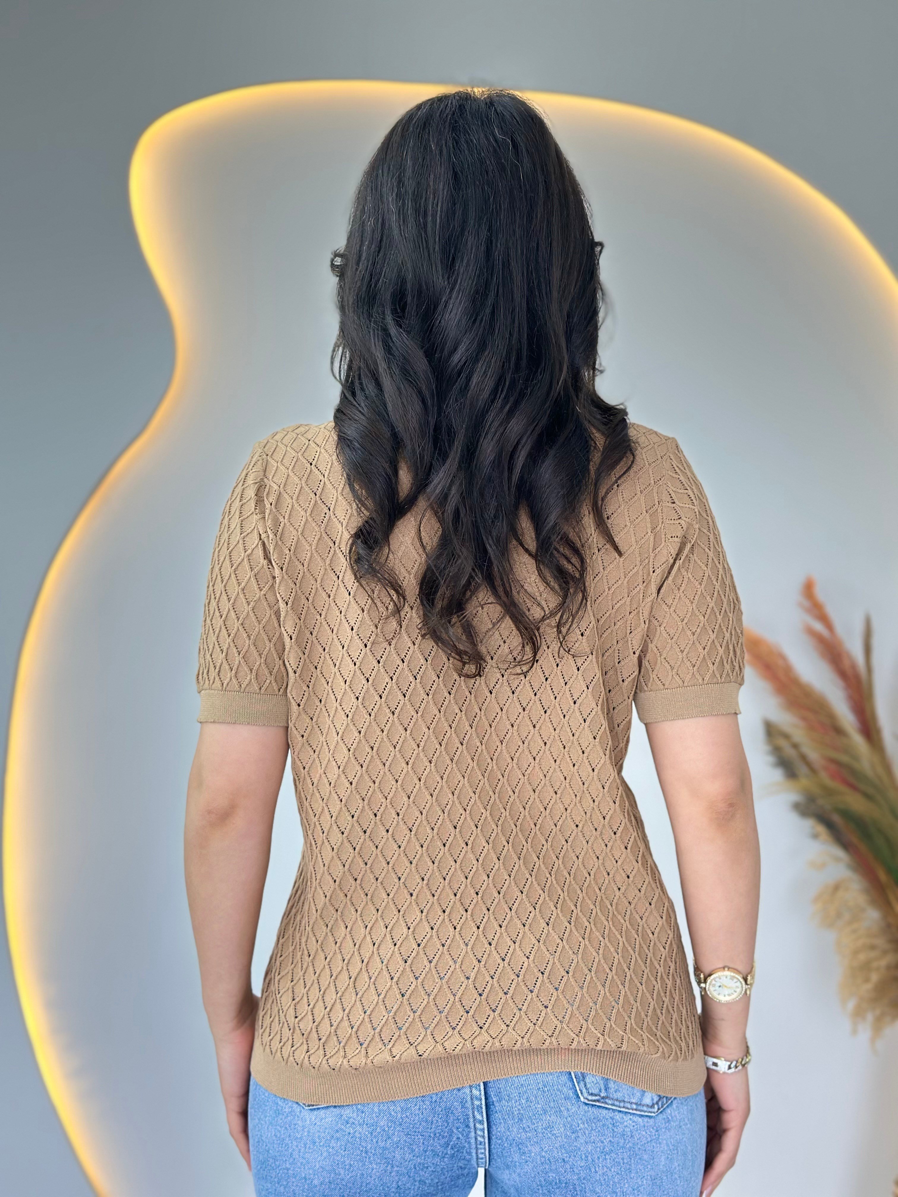 Mia Camel Bebe Yaka Taş Detaylı Ajurlu Merserize Örme Triko D112