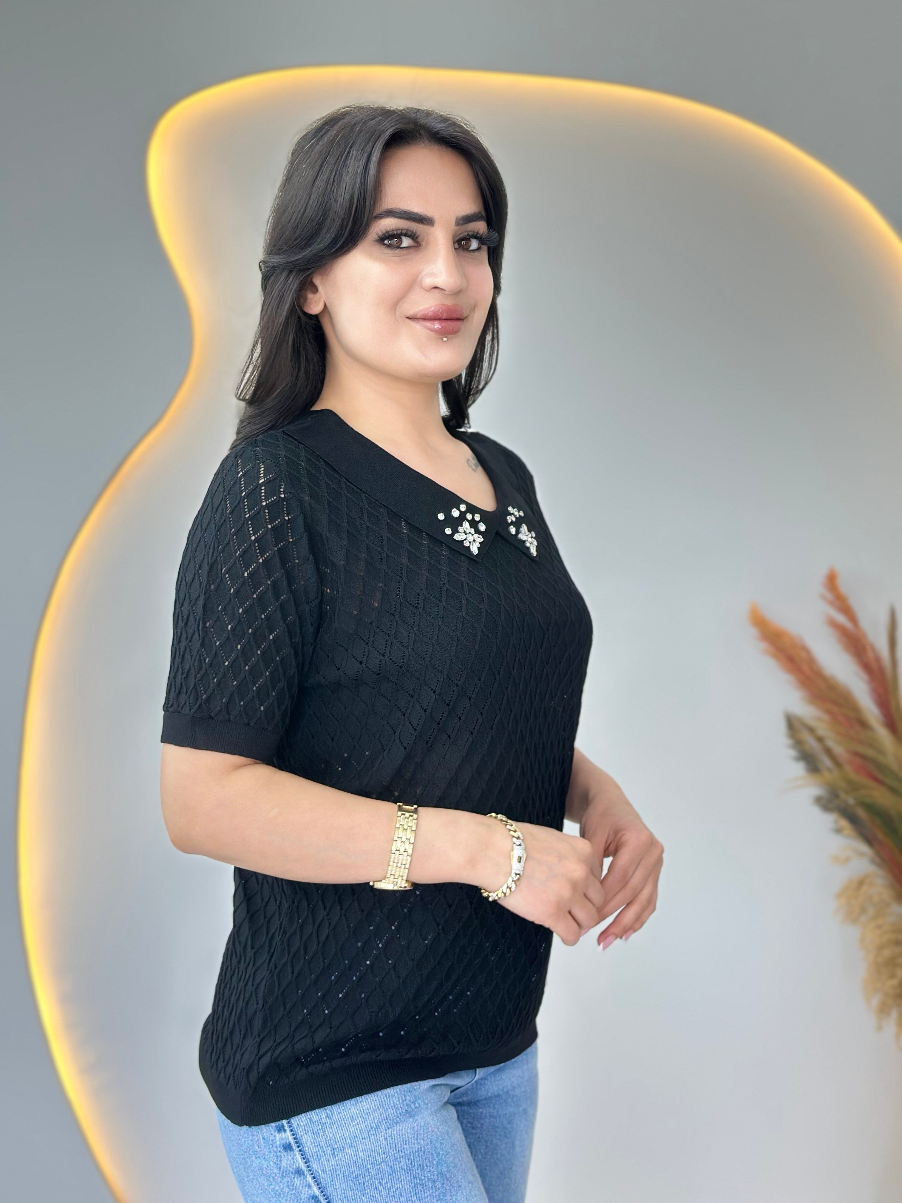 Mia Siyah Bebe Yaka Taş Detaylı Ajurlu Merserize Örme Triko D112