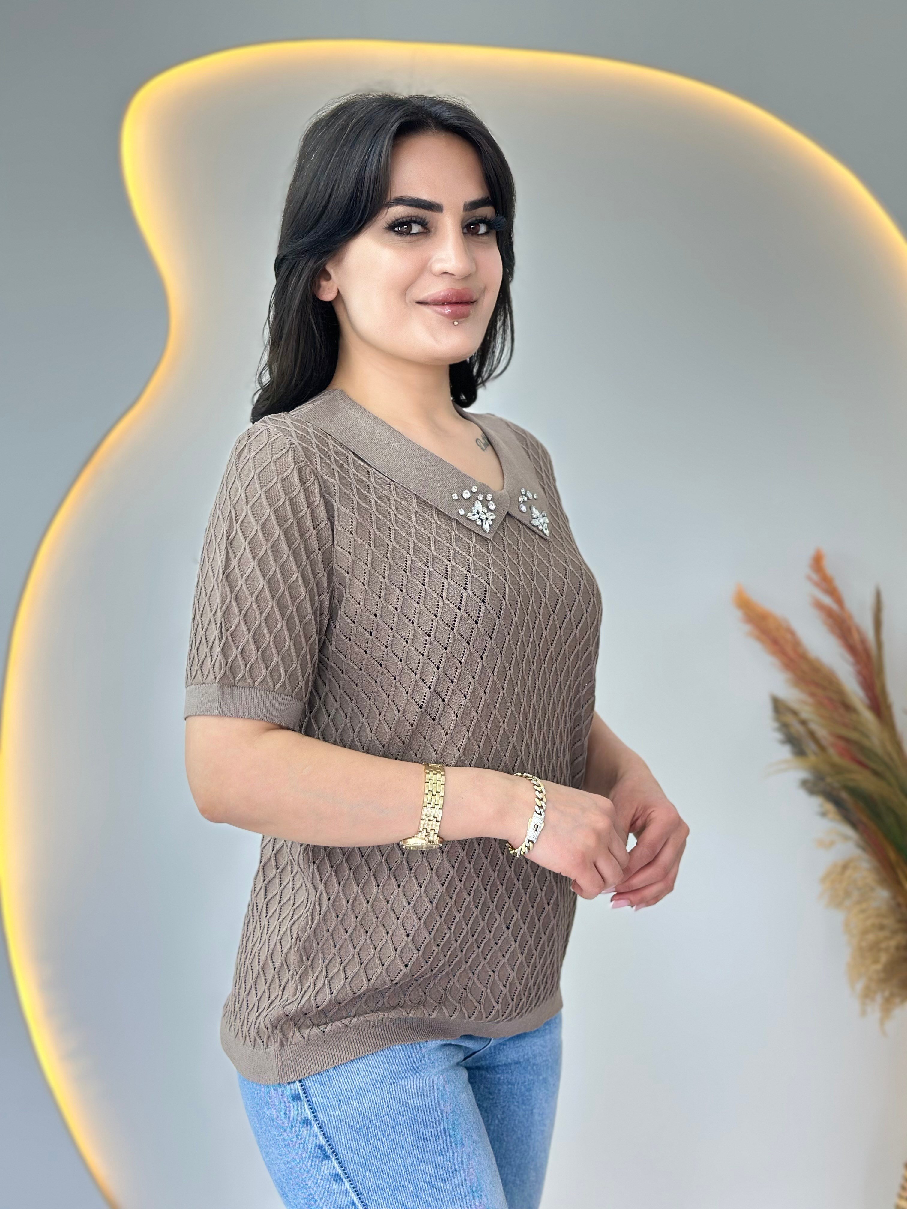 Mia Vizon Bebe Yaka Taş Detaylı Ajurlu Merserize Örme Triko D112