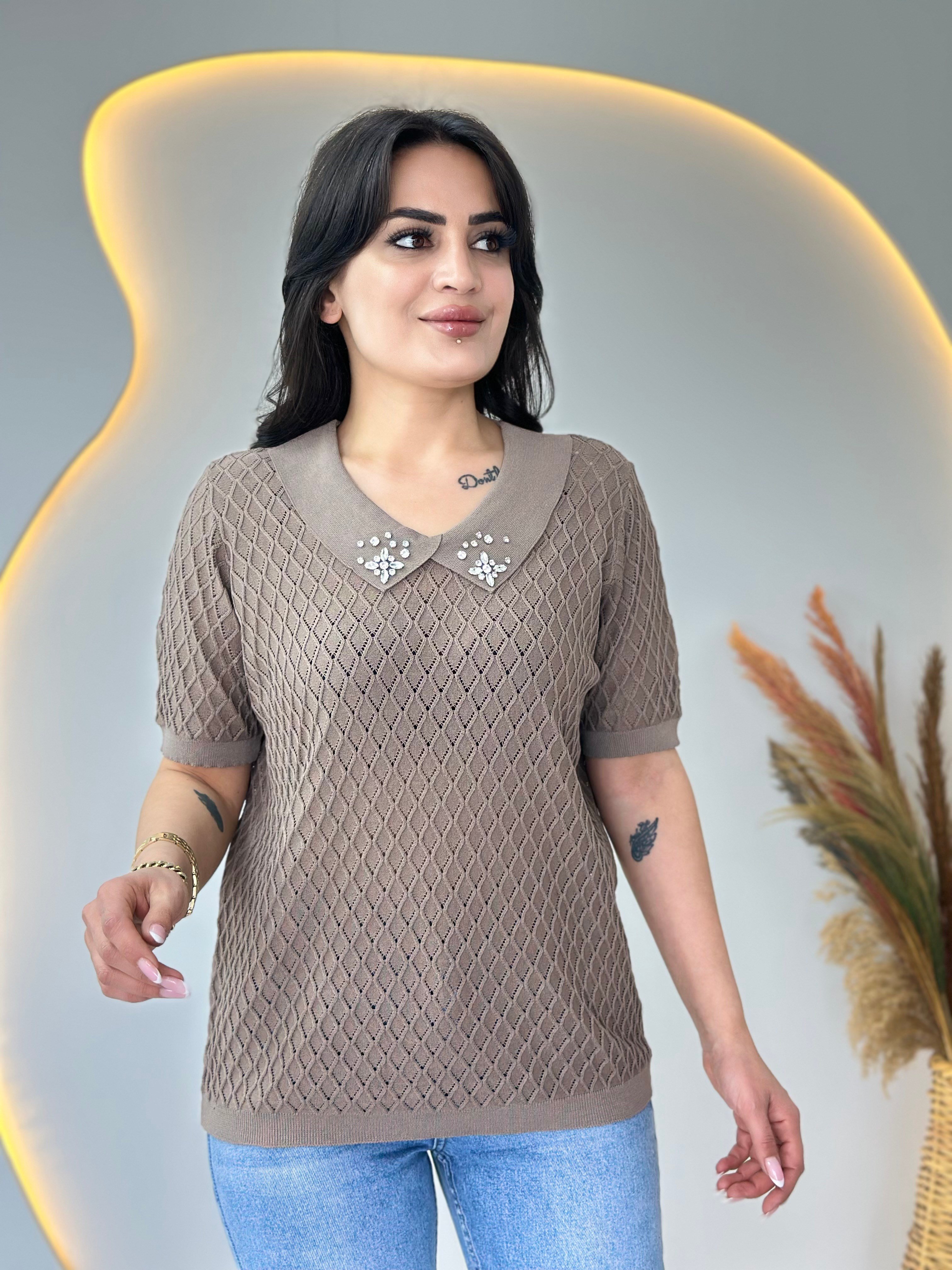 Mia Vizon Bebe Yaka Taş Detaylı Ajurlu Merserize Örme Triko D112