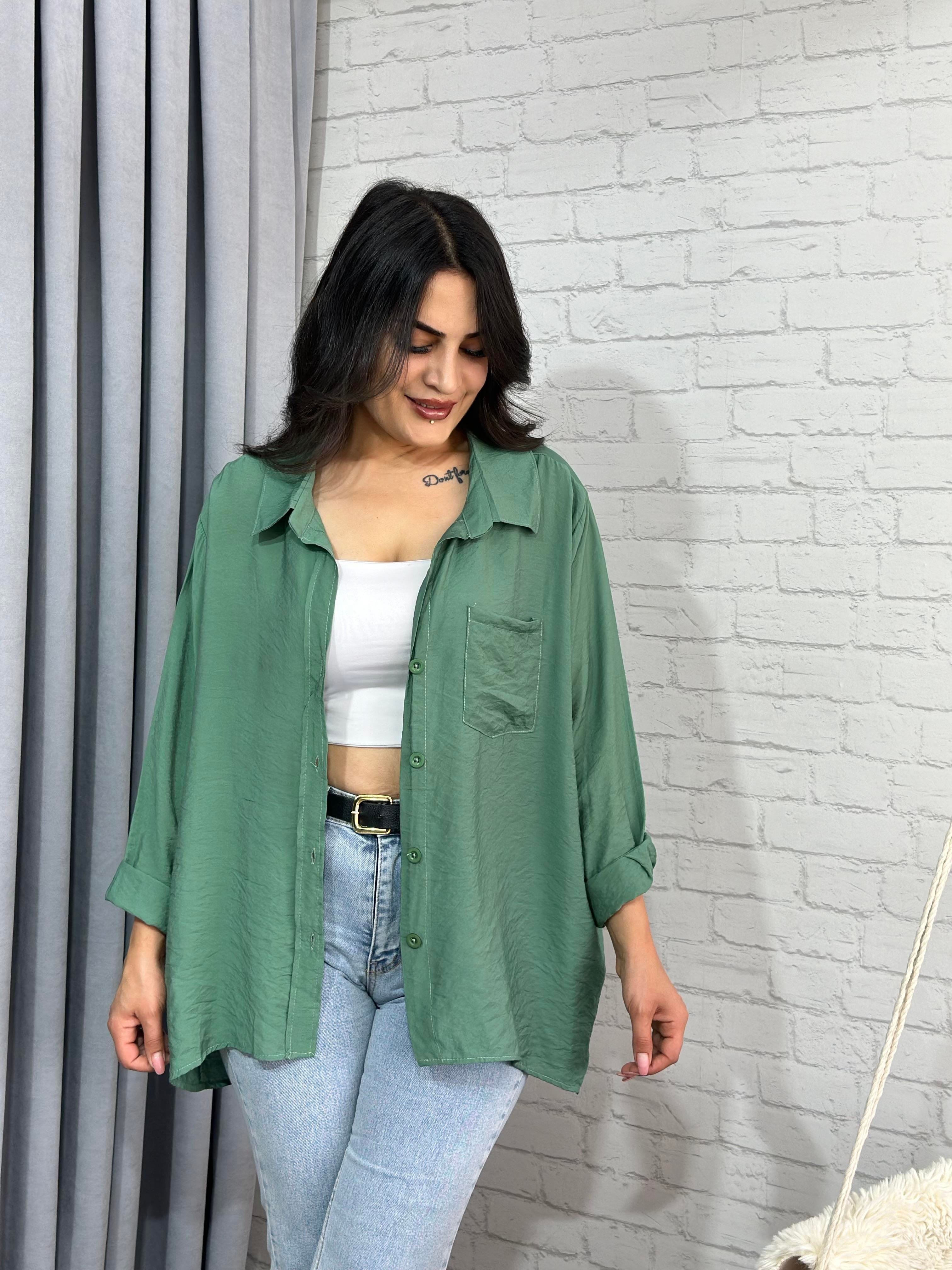 Mint Yeşili Tensel Bambu Oversize Cepli Gömlek