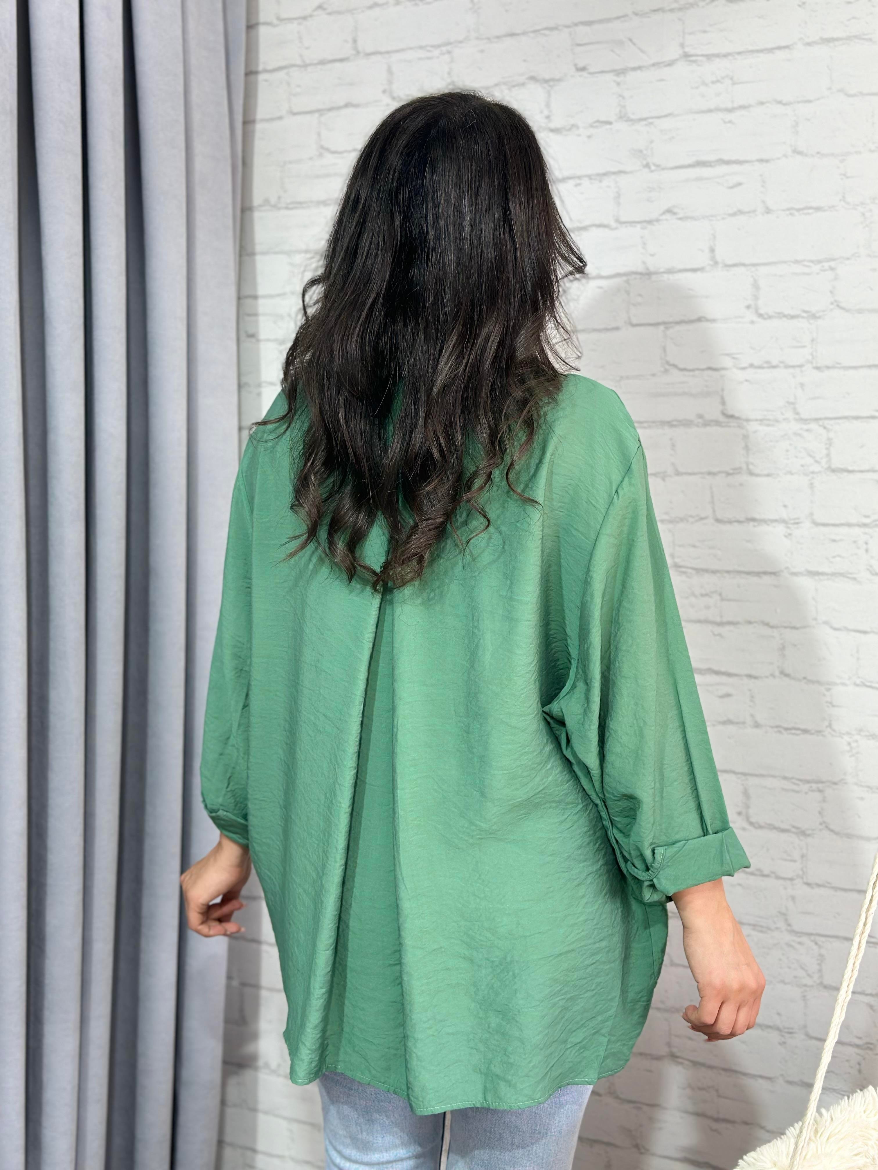 Mint Yeşili Tensel Bambu Oversize Cepli Gömlek