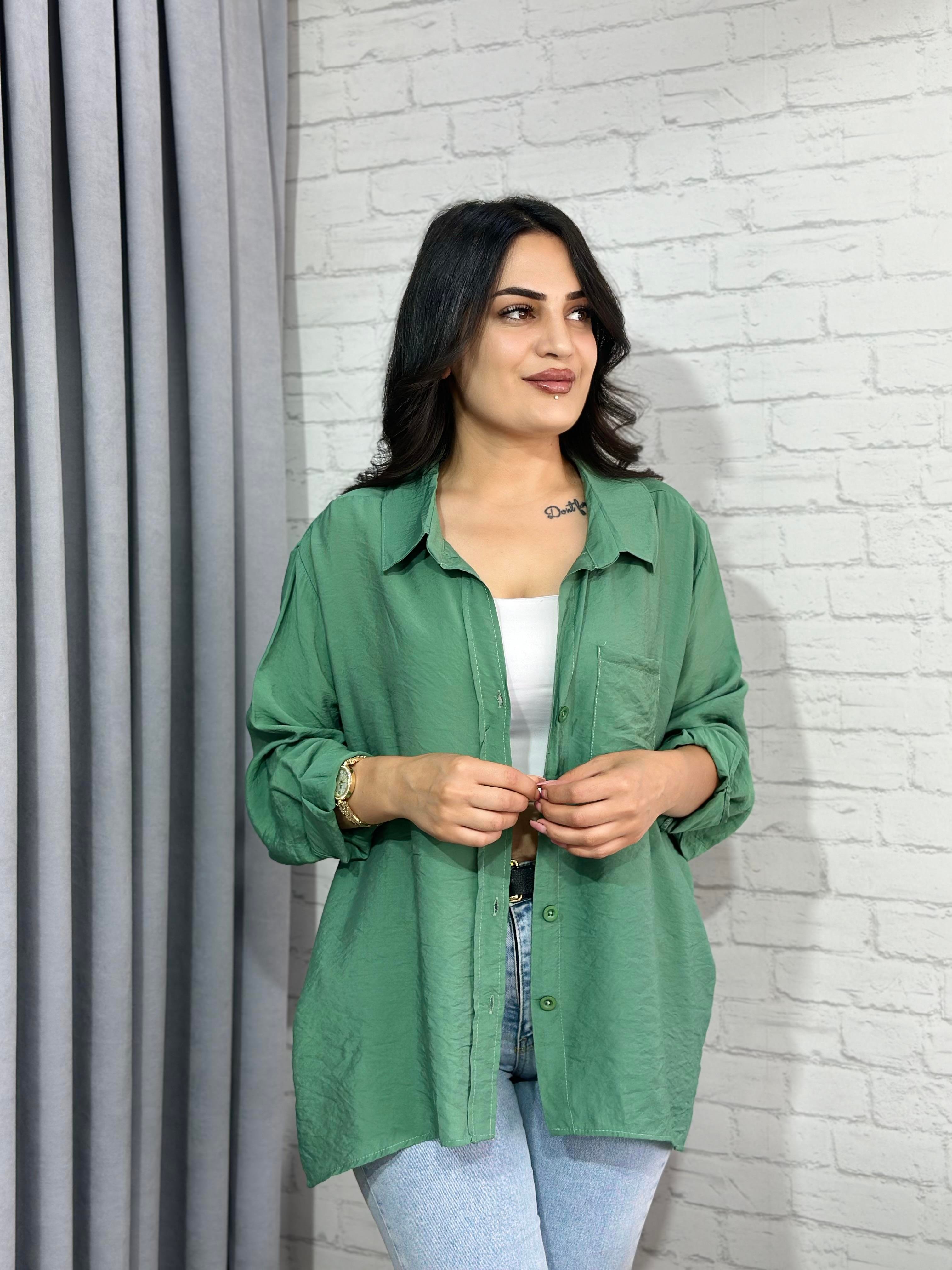 Mint Yeşili Tensel Bambu Oversize Cepli Gömlek