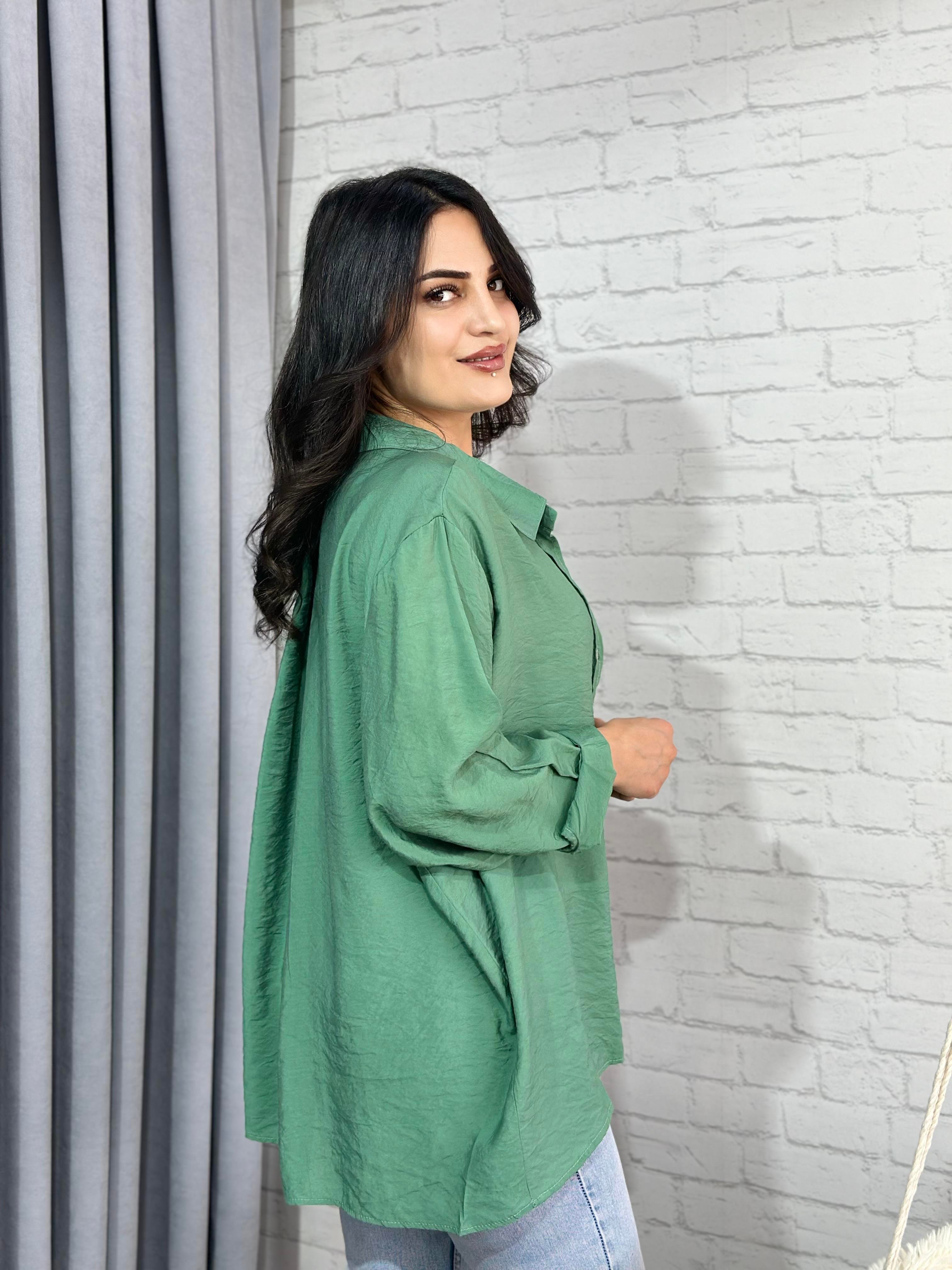 Mint Yeşili Tensel Bambu Oversize Cepli Gömlek