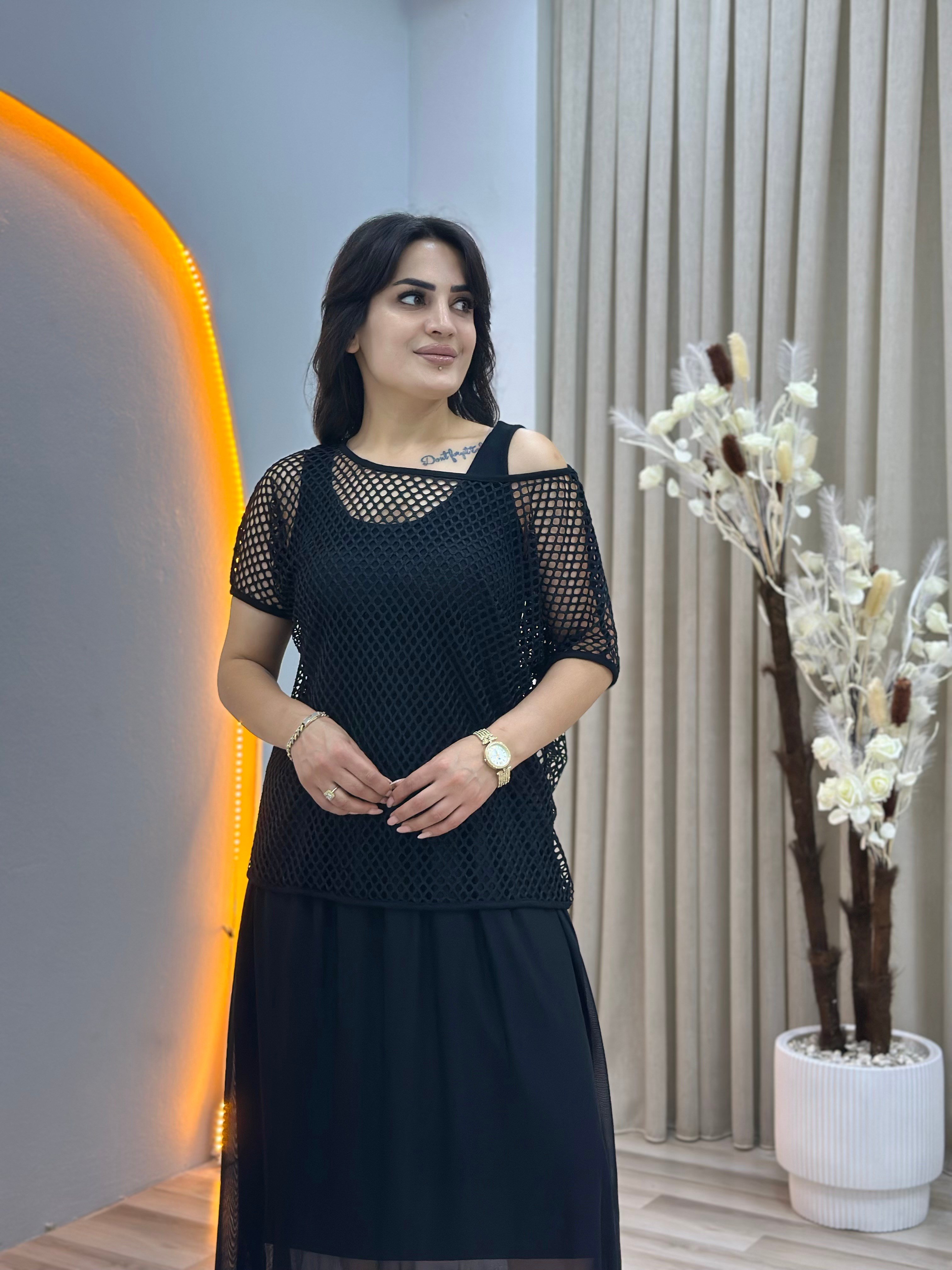 Misli Siyah File Detaylı Tasarım İç Elbiseli İkili Takım D156