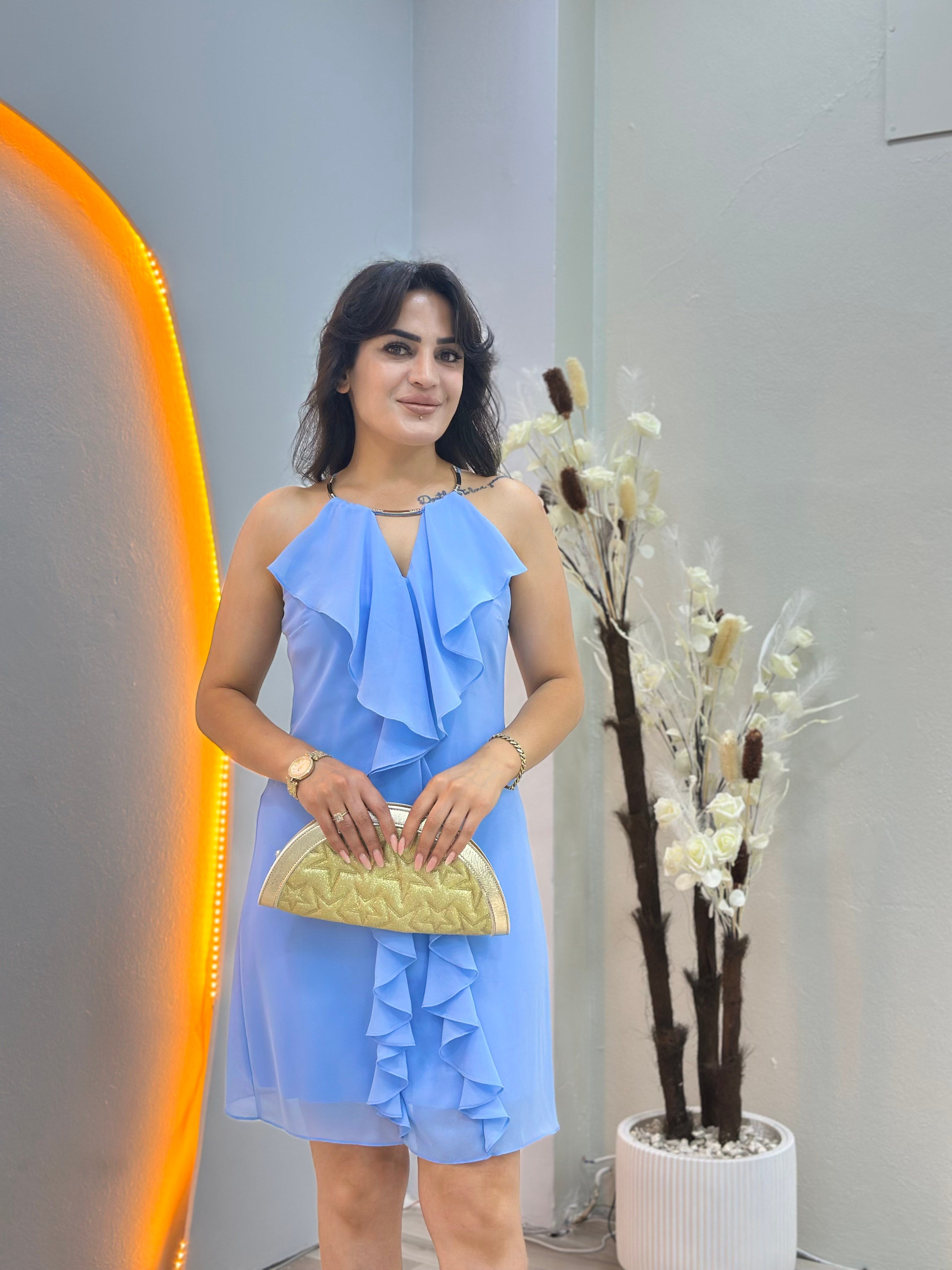Moii Bebe Mavi Halter Yaka Önü Fırfırlı Astarlı Şifon Elbise D145