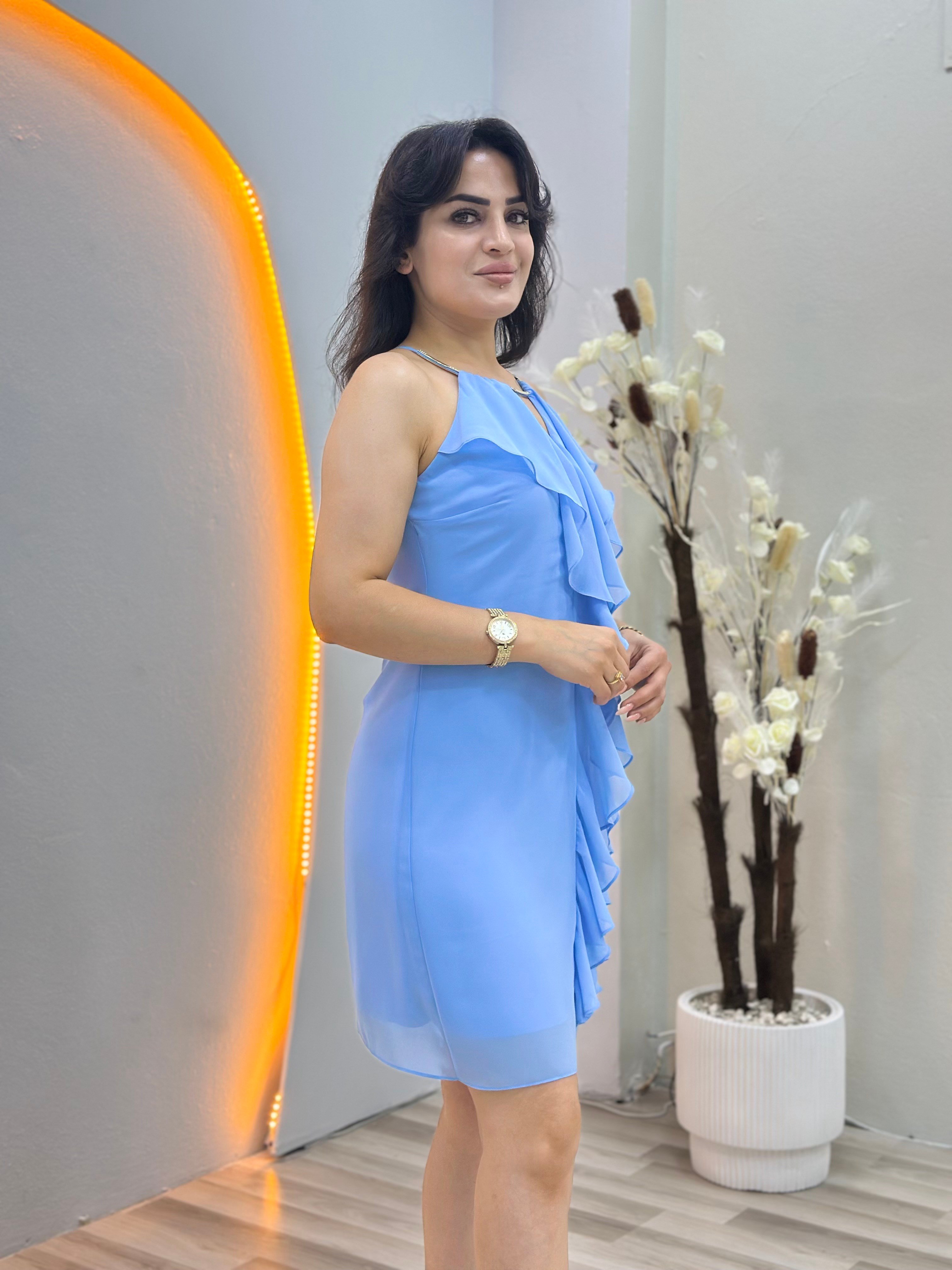 Moii Bebe Mavi Halter Yaka Önü Fırfırlı Astarlı Şifon Elbise D145