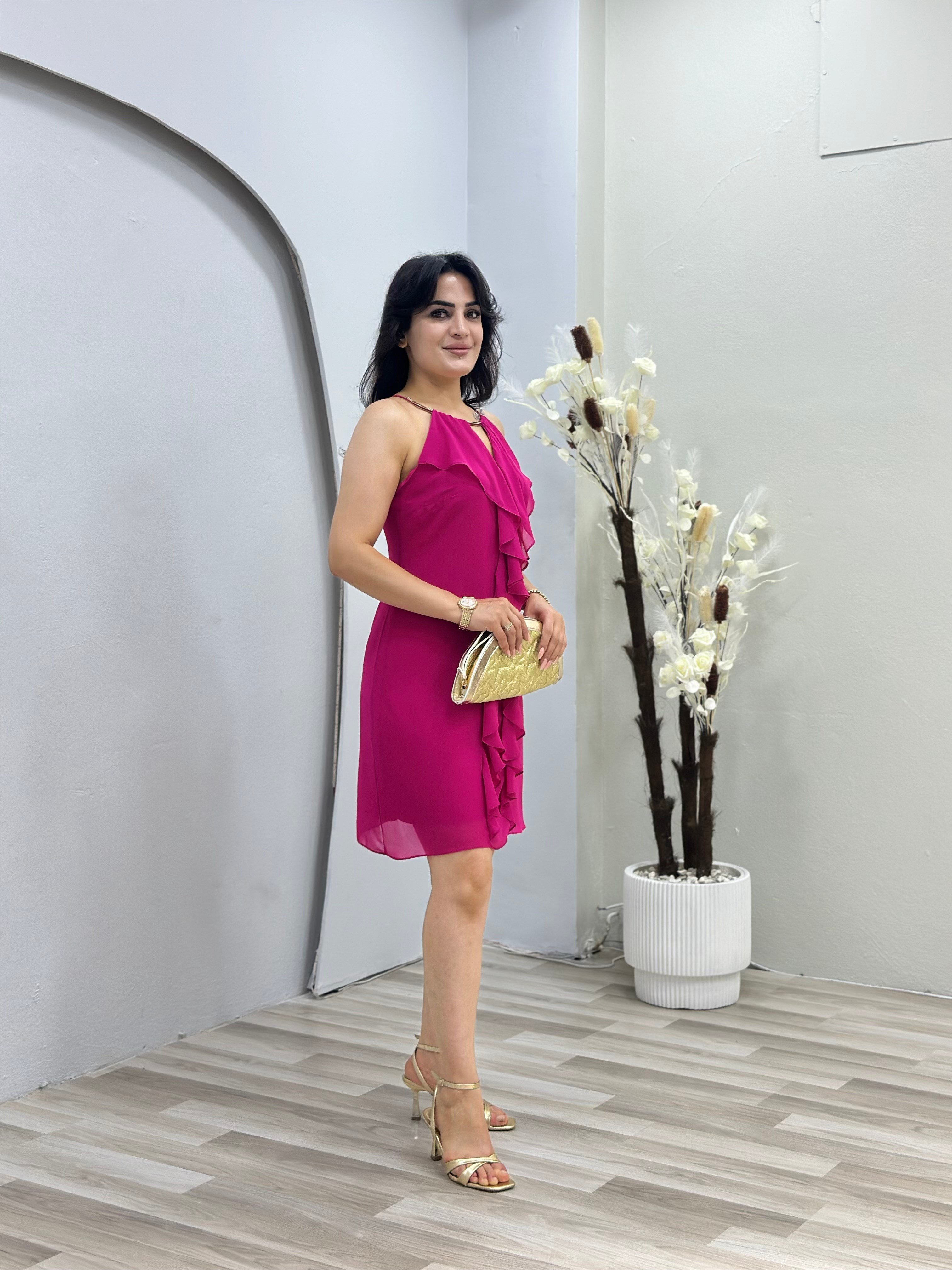 Moii Fuşya Halter Yaka Önü Fırfırlı Astarlı Şifon Elbise D145