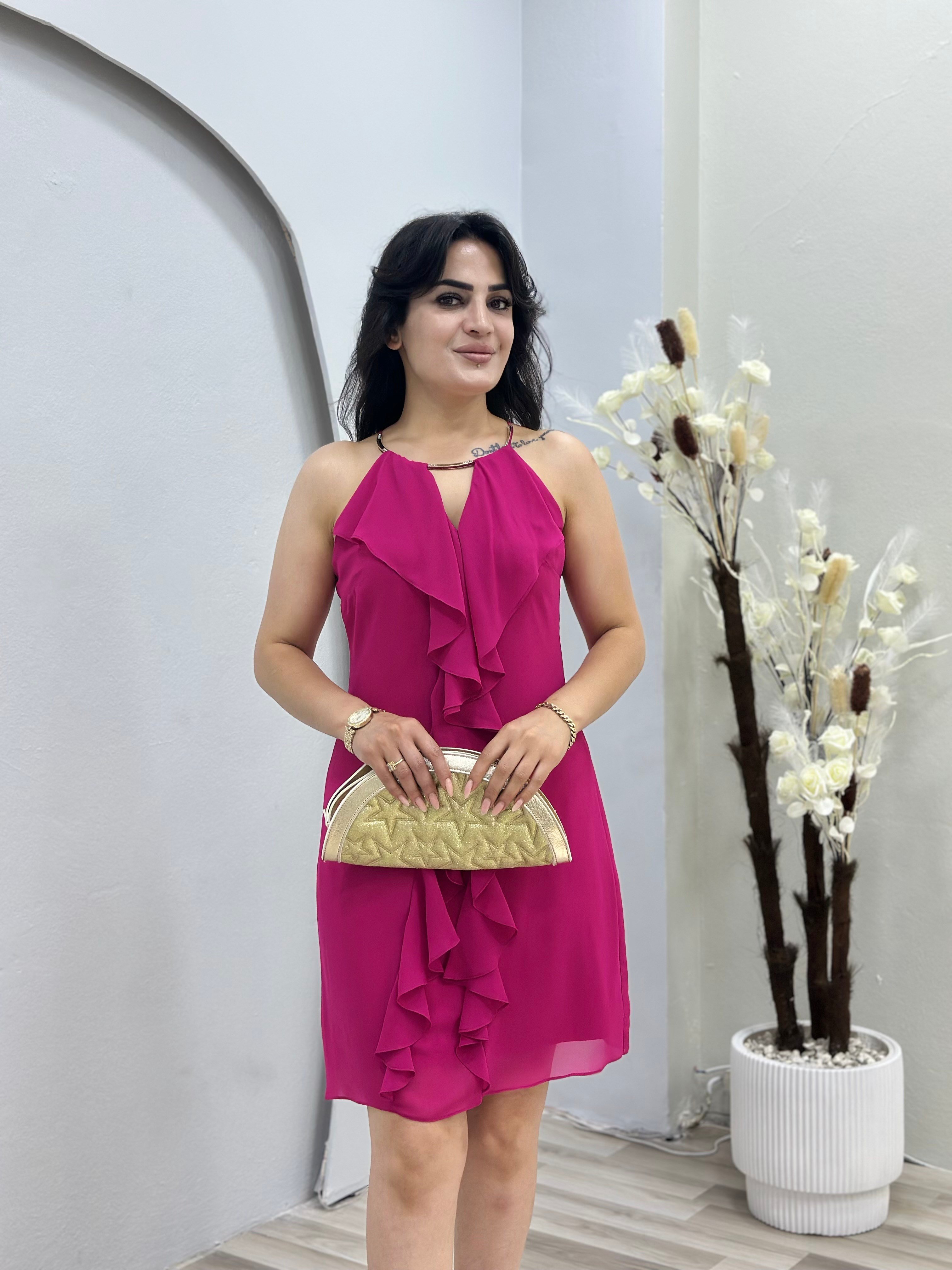 Moii Fuşya Halter Yaka Önü Fırfırlı Astarlı Şifon Elbise D145