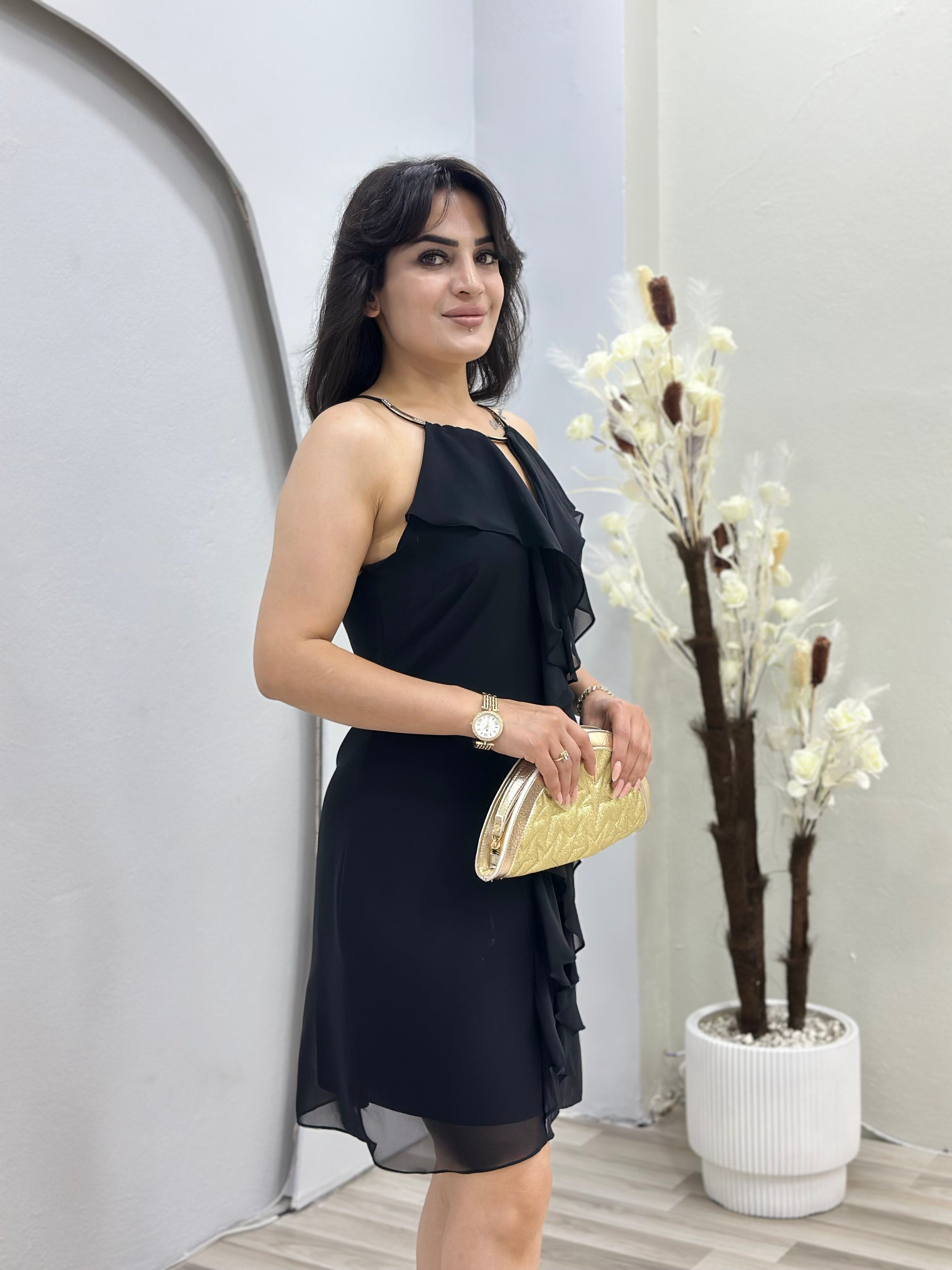 Moii Siyah Halter Yaka Önü Fırfırlı Astarlı Şifon Elbise D145