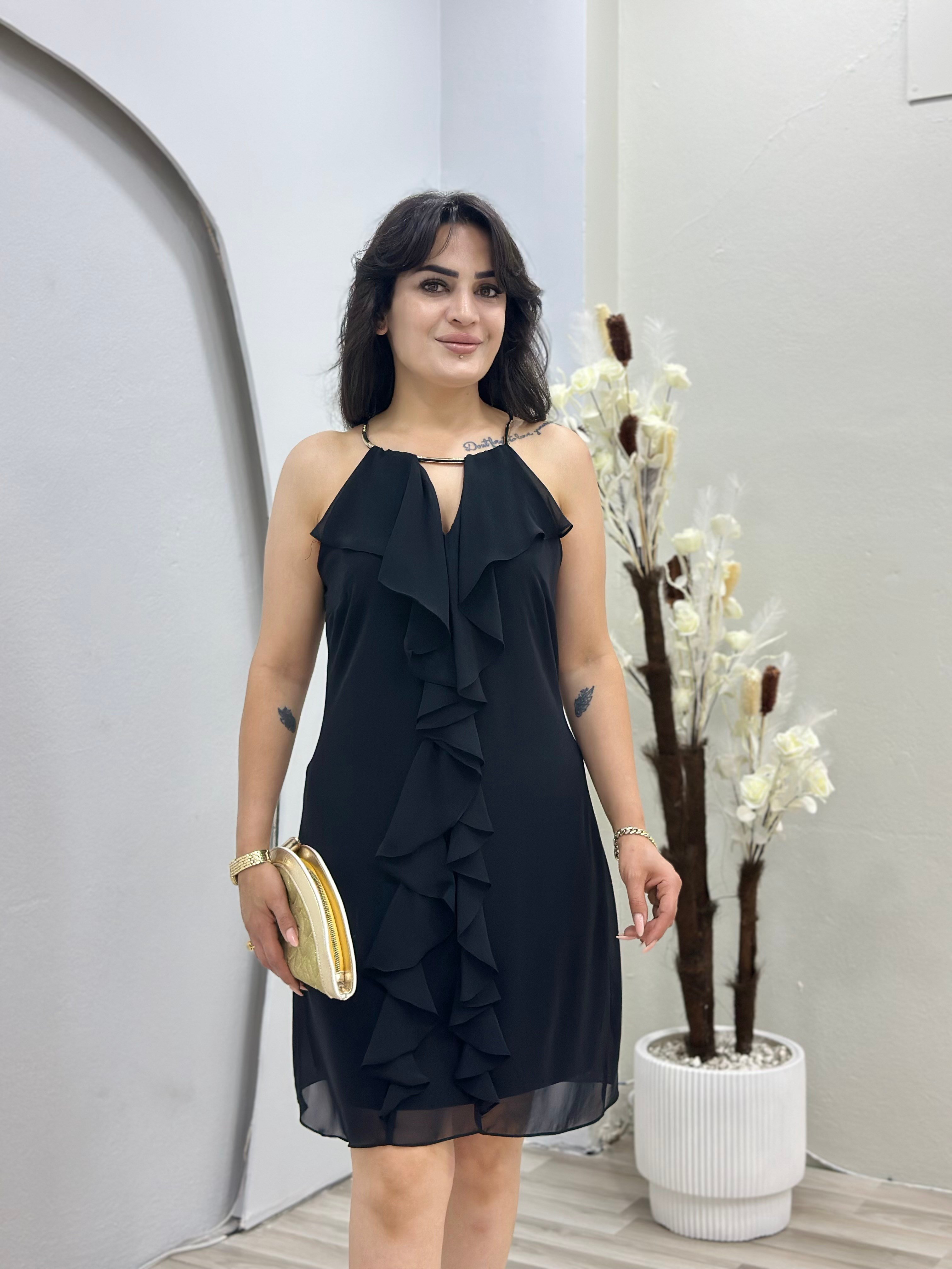 Moii Siyah Halter Yaka Önü Fırfırlı Astarlı Şifon Elbise D145