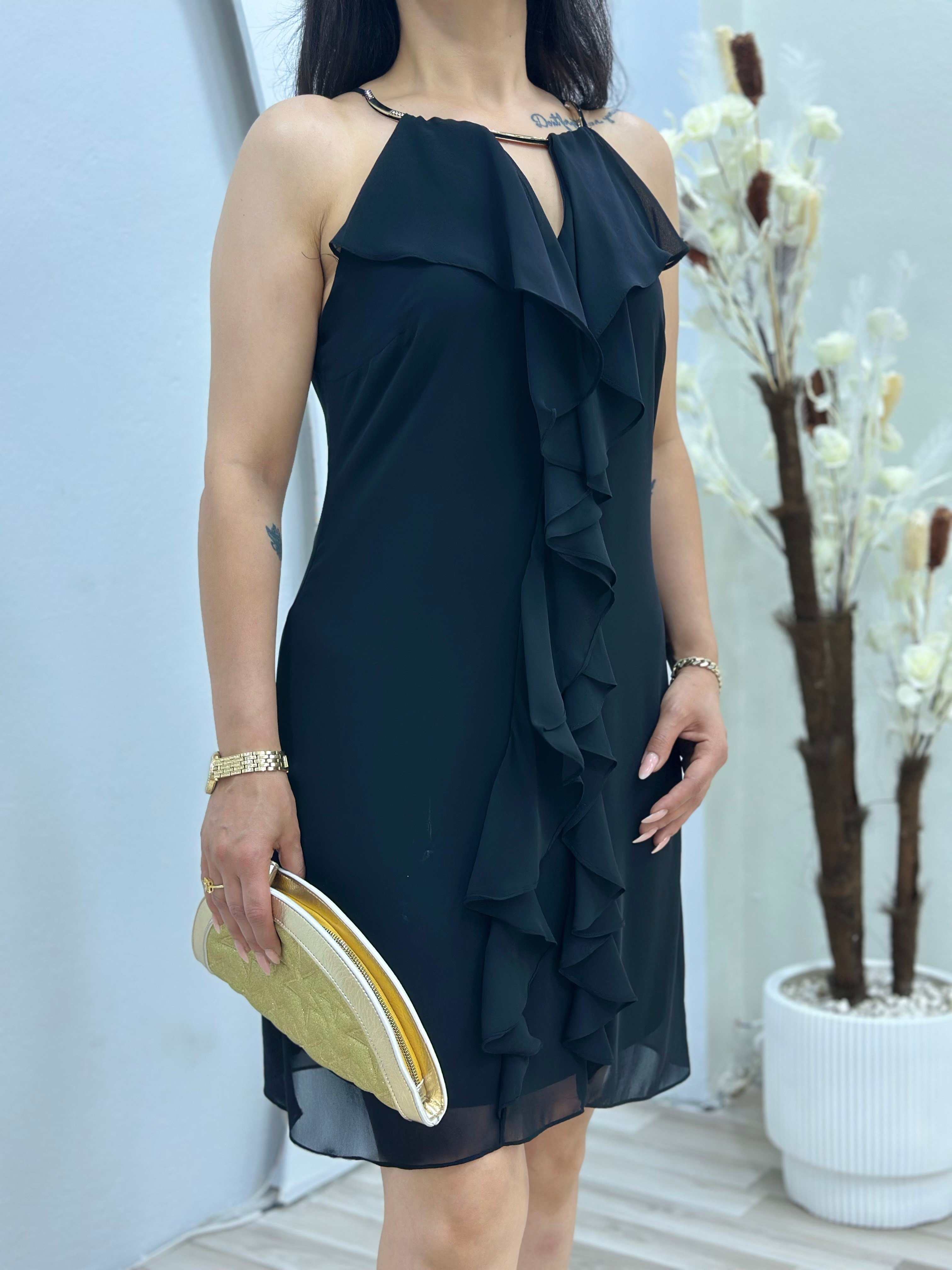 Moii Siyah Halter Yaka Önü Fırfırlı Astarlı Şifon Elbise D145