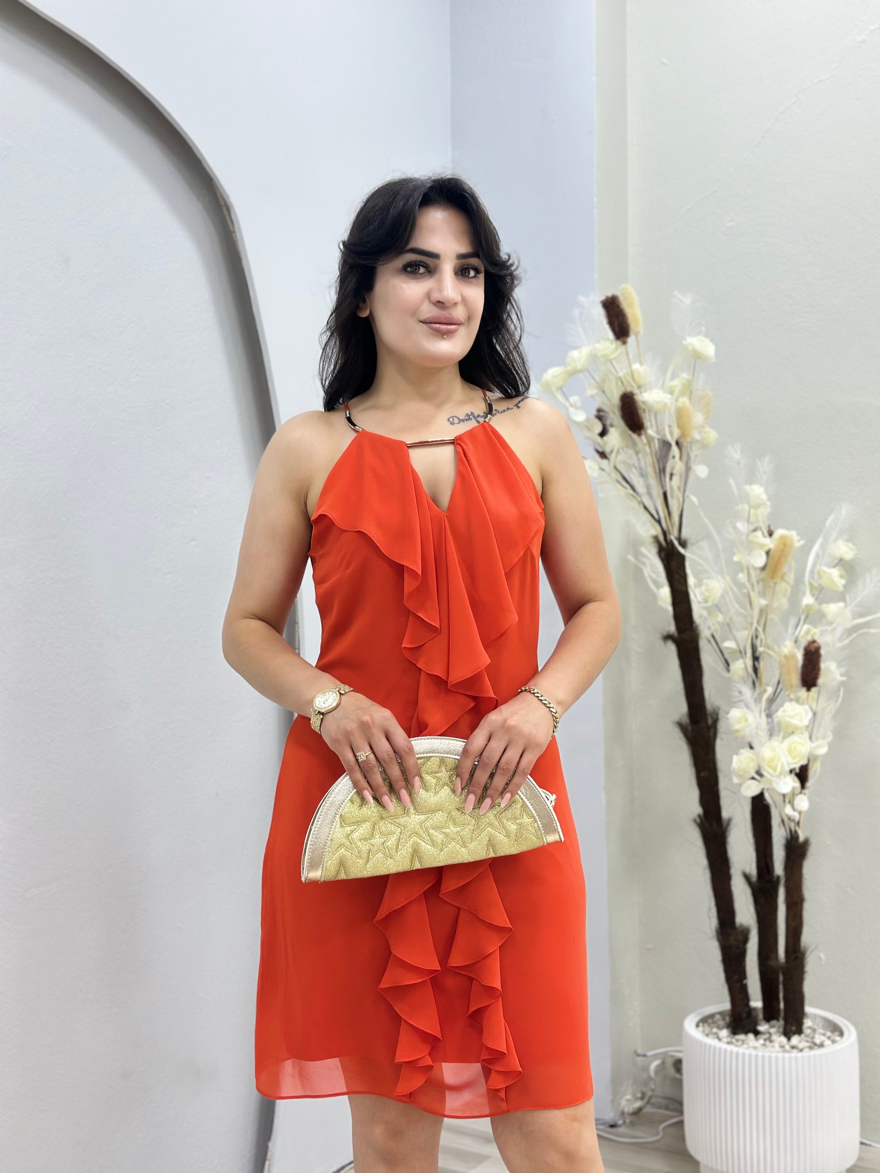 Moii Turuncu Halter Yaka Önü Fırfırlı Astarlı Şifon Elbise D145