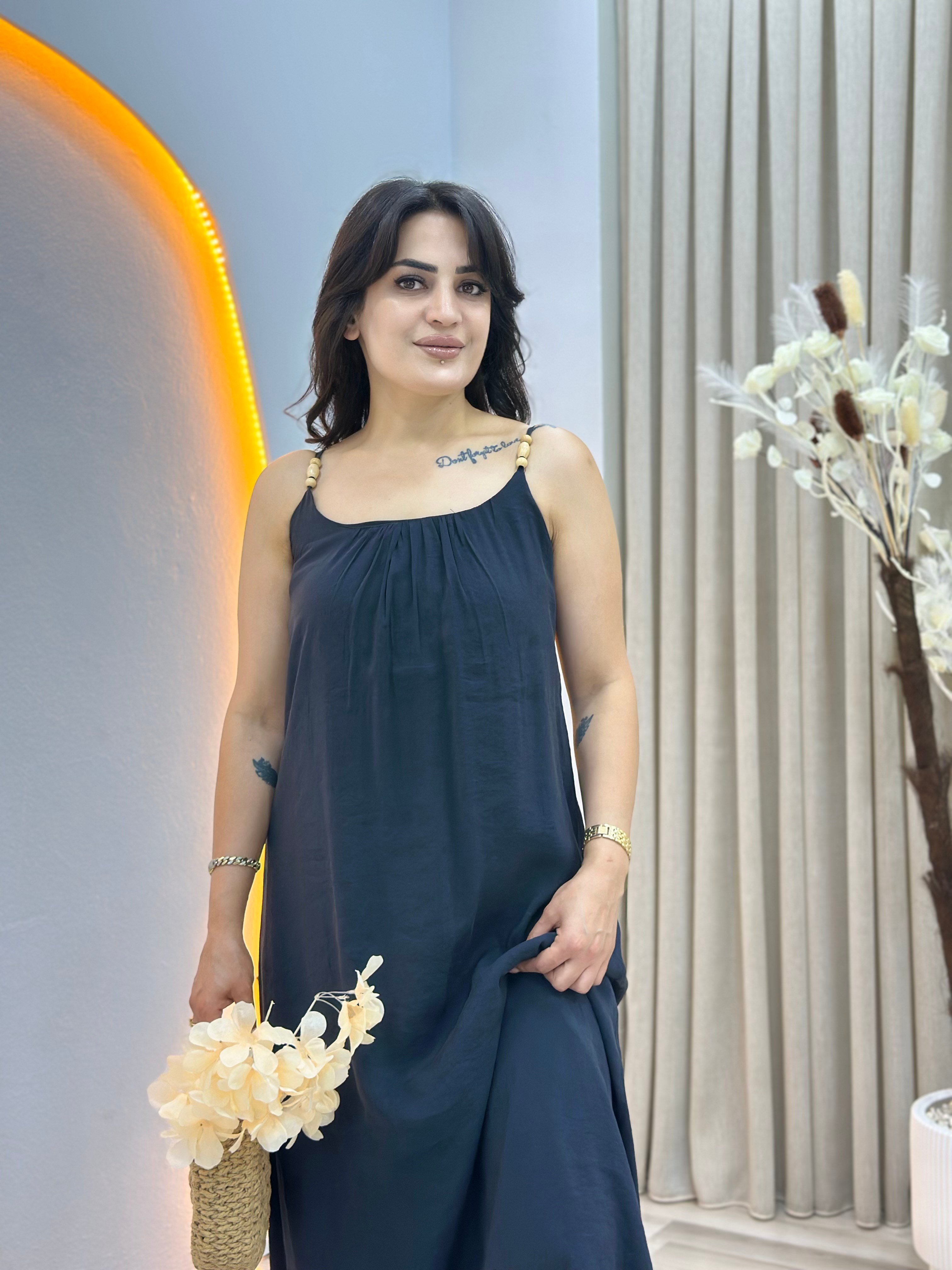 Molly Antrasit Kare Yaka Boncuk Askılı Salaş Maxi Elbise D153