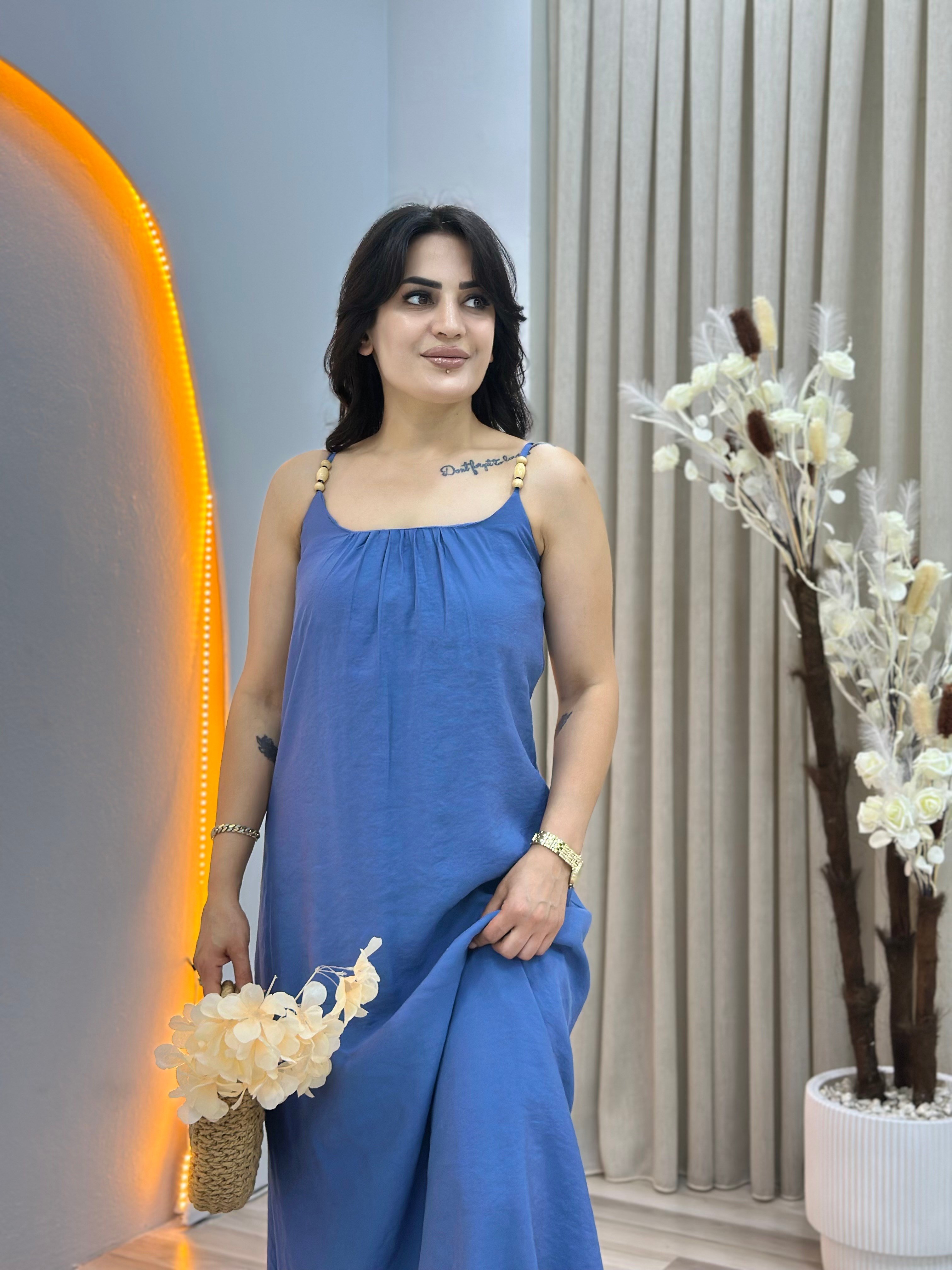 Molly Mavi Kare Yaka Boncuk Askılı Salaş Maxi Elbise D153