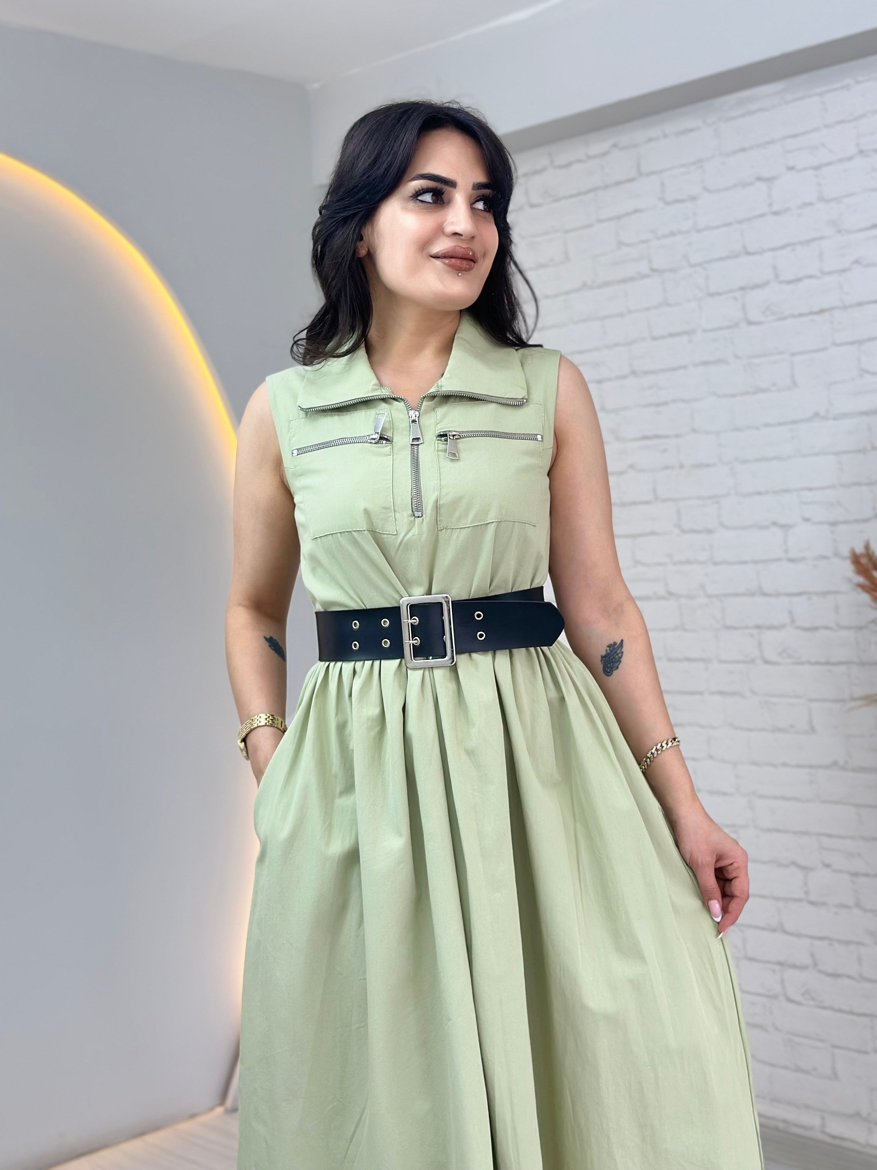 Mony Mint yeşili Tasarım Beli Kemerli Paraşüt Kumaş Elbise D120