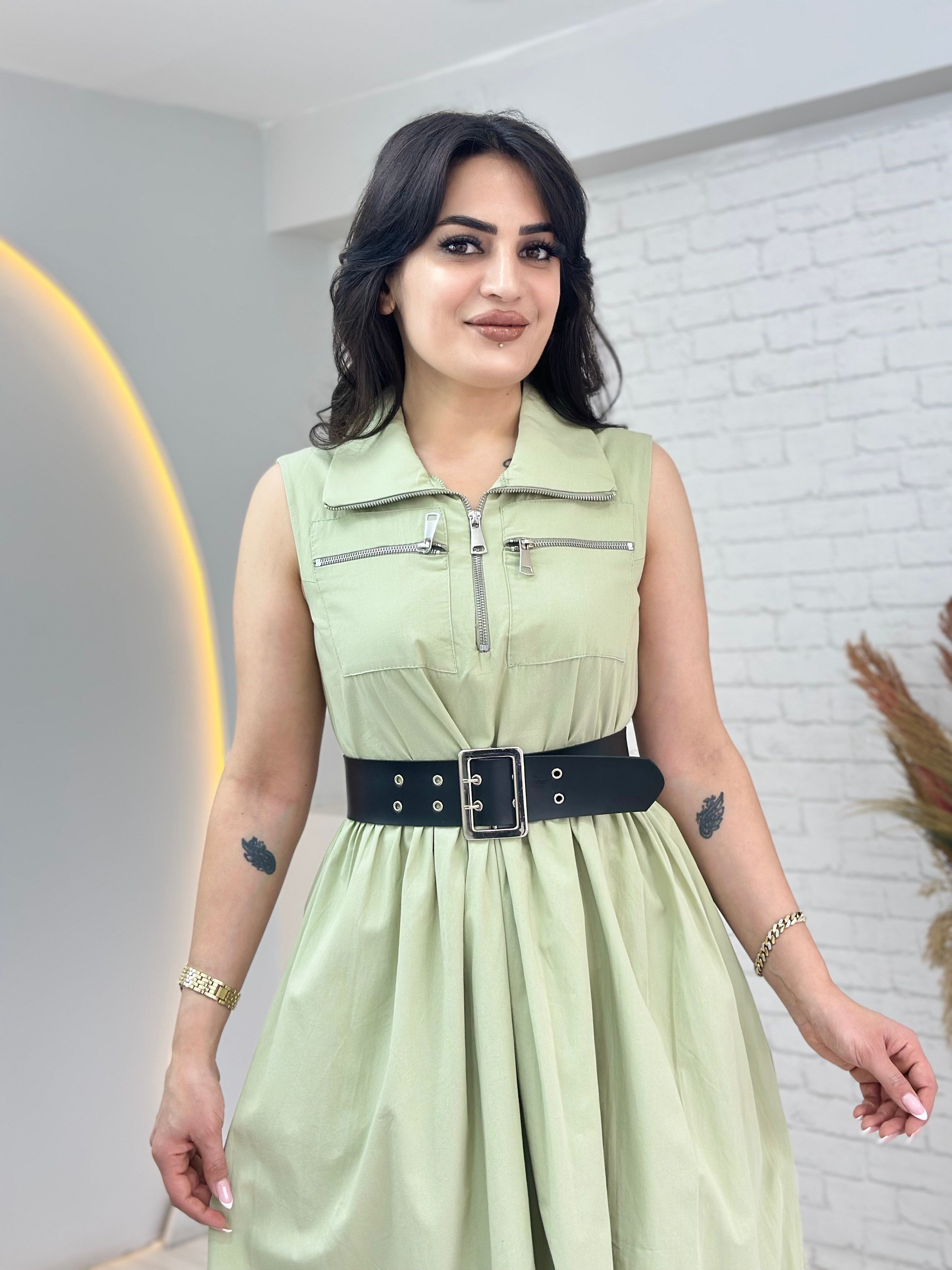 Mony Mint yeşili Tasarım Beli Kemerli Paraşüt Kumaş Elbise D120
