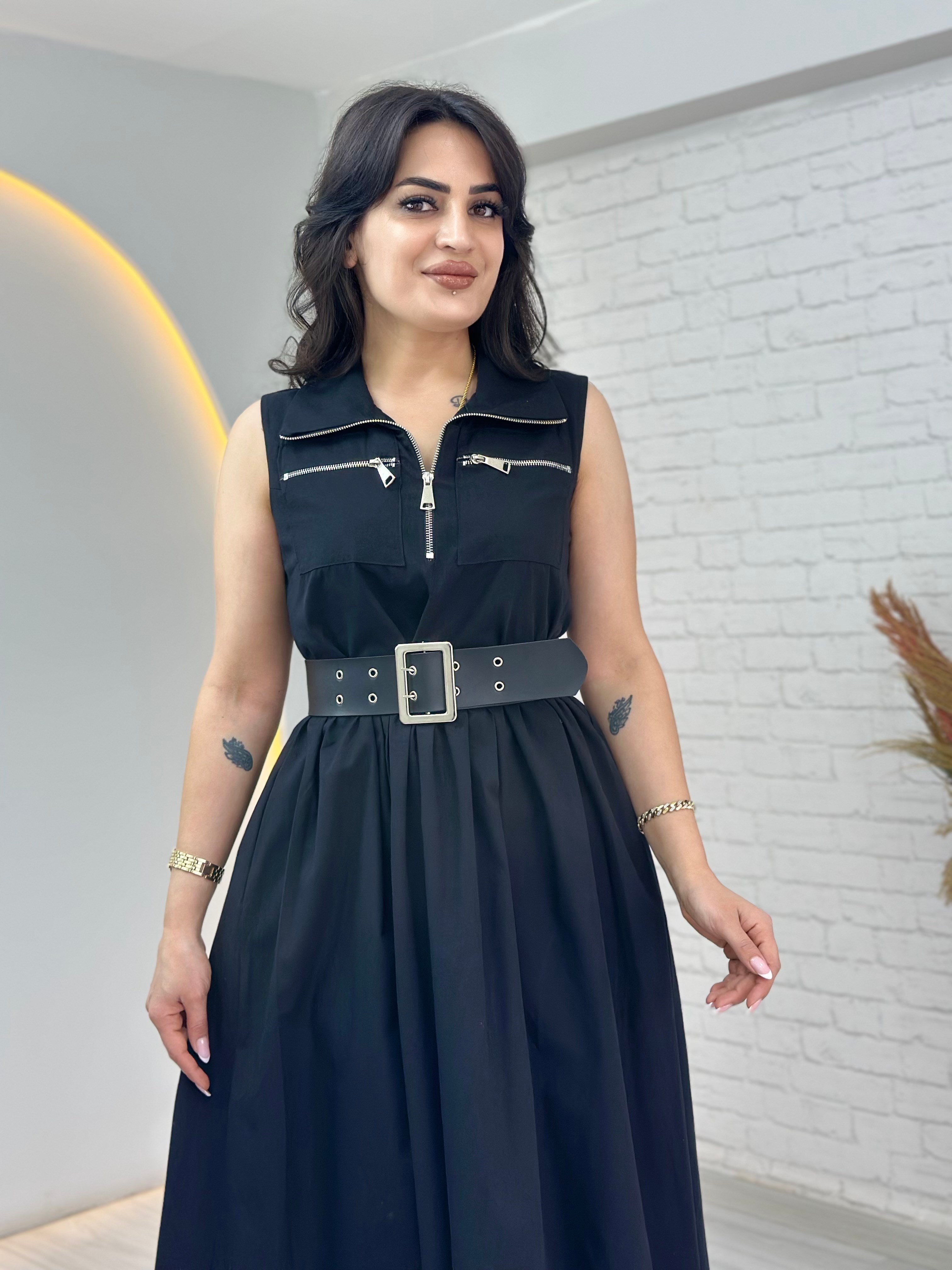 Mony Siyah Tasarım Beli Kemerli Paraşüt Kumaş Elbise D120