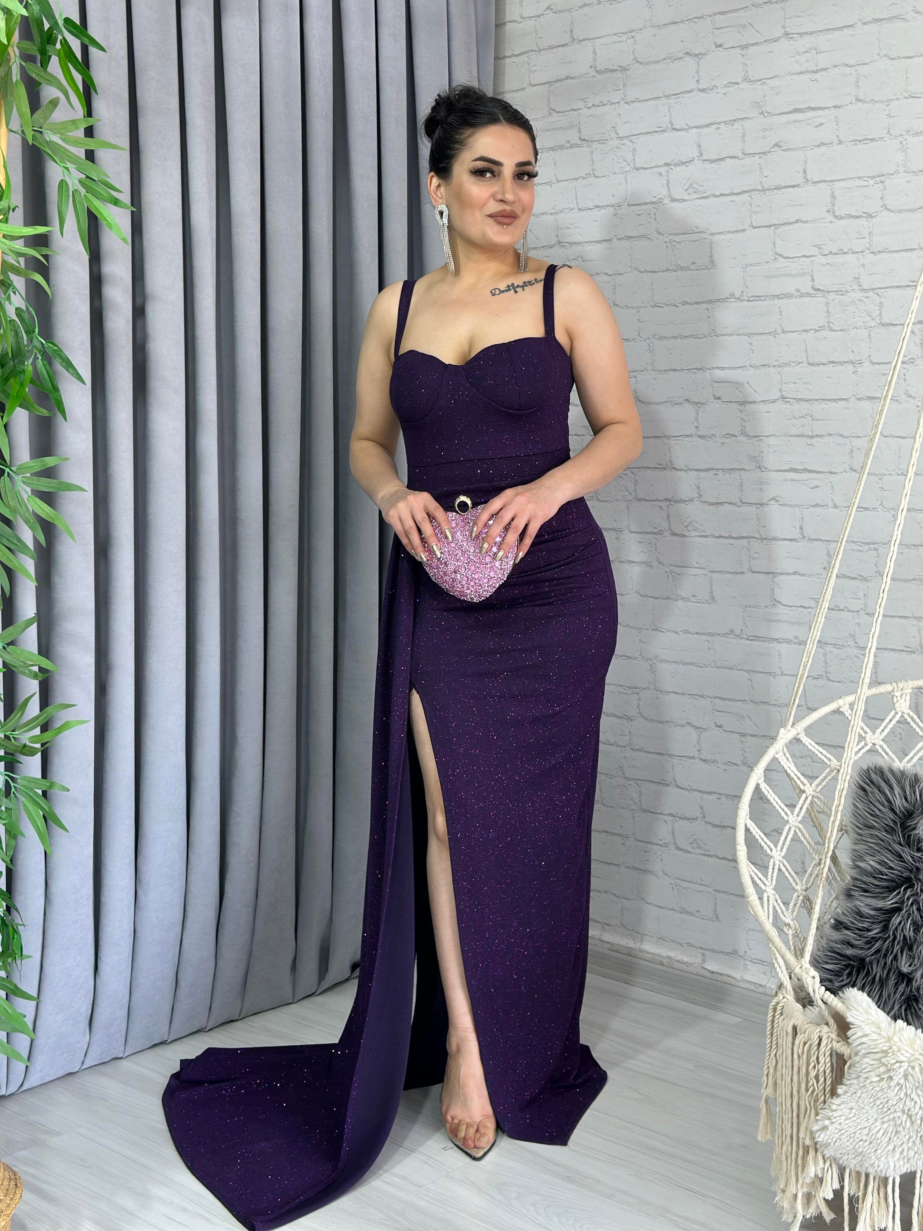 Mor  İp Askı Kalp Yaka Yırtmaçlı Drapeli Abiye Elbise  A960