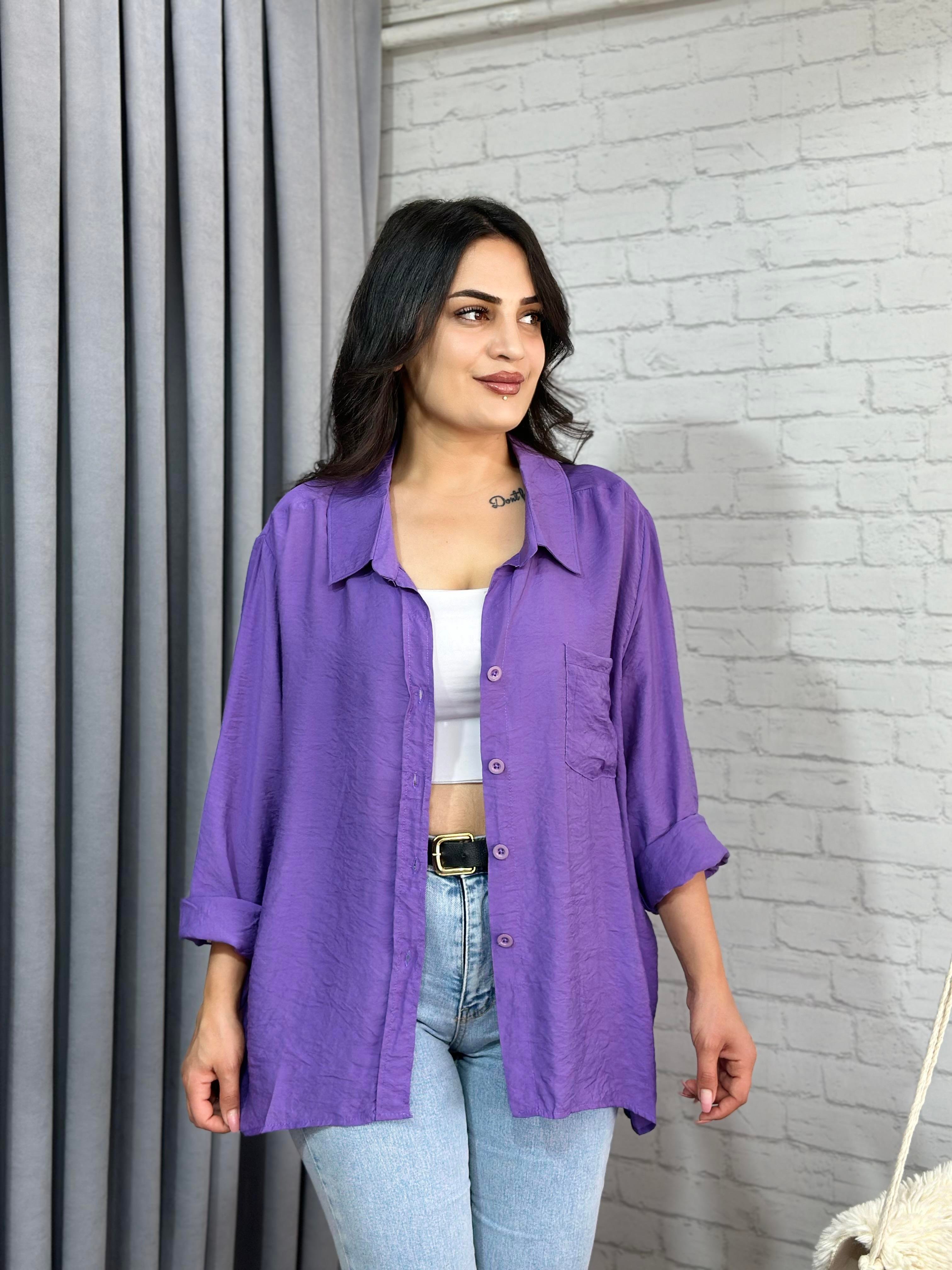 Mor Tensel Bambu Oversize Cepli Gömlek