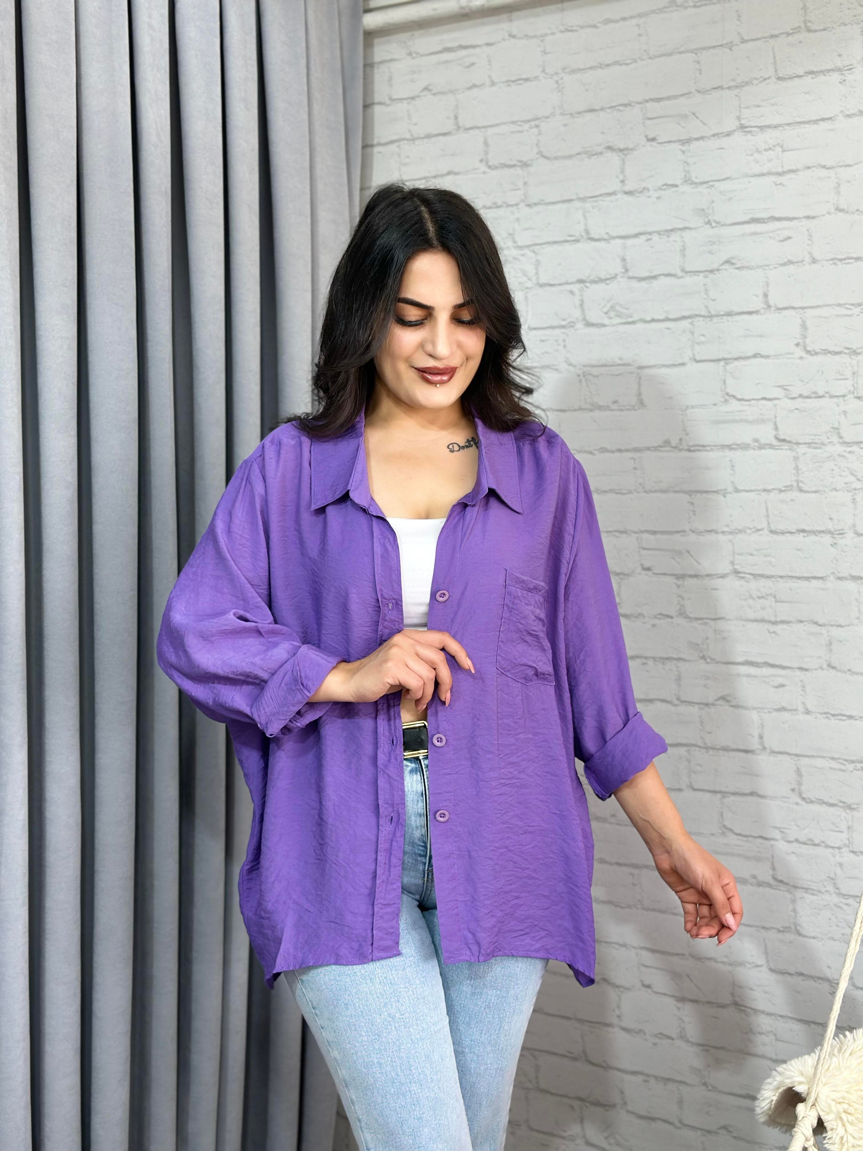 Mor Tensel Bambu Oversize Cepli Gömlek