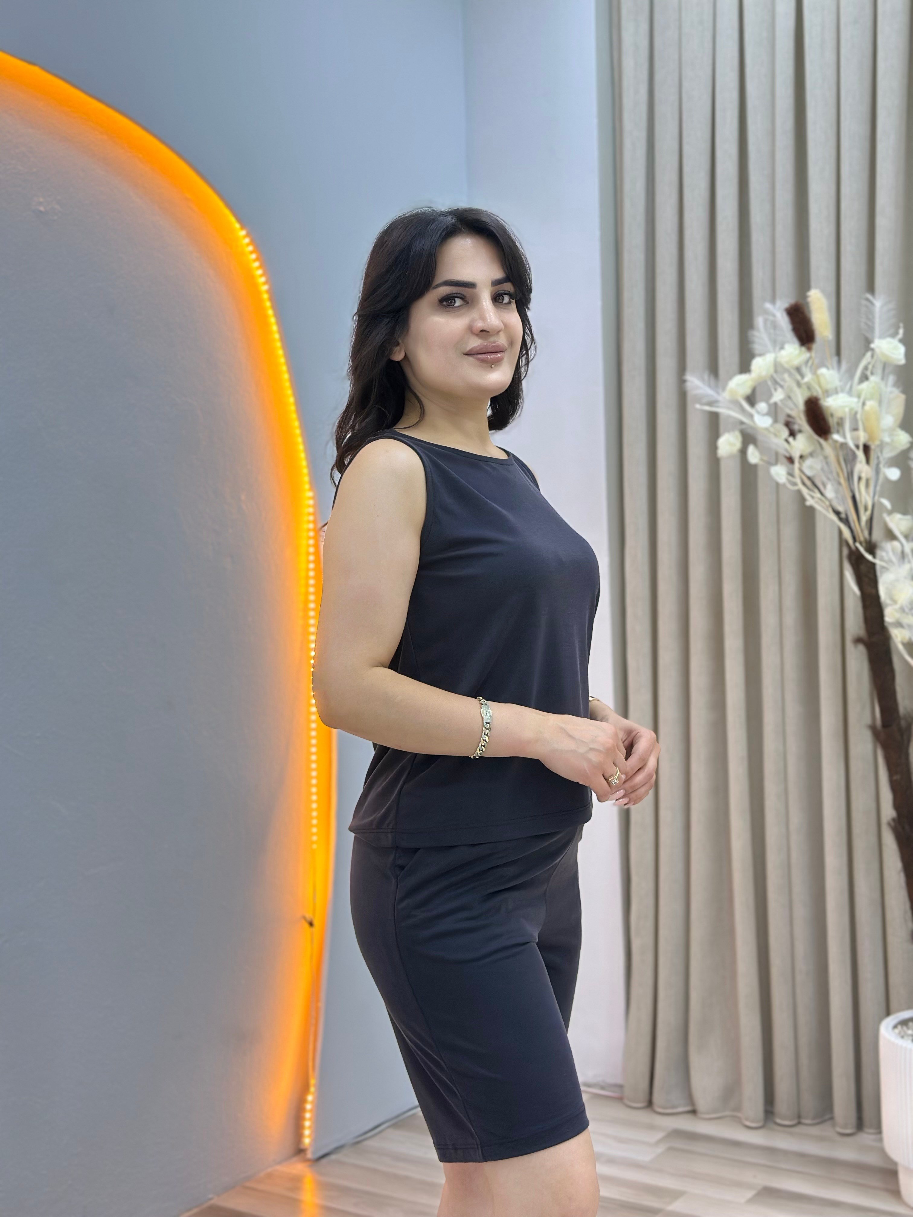 Nox Antrasit Bisiklet Yaka Askılı Bluz Beli Lastikli Şort Rahat Kalıp İkili Takım D155