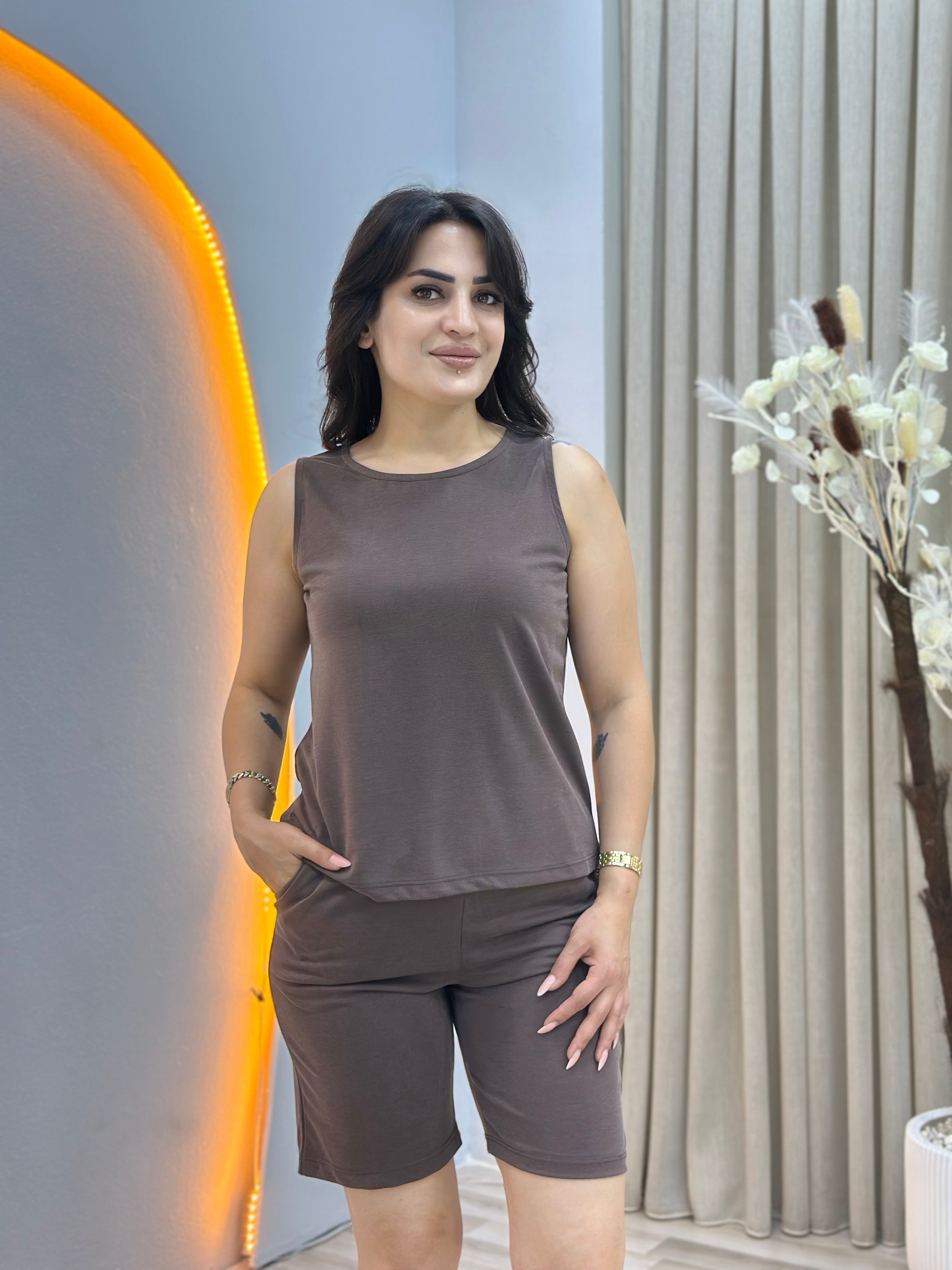 Nox Kahve Bisiklet Yaka Askılı Bluz  Beli Lastikli Şort Rahat Kalıp İkili Takım D155