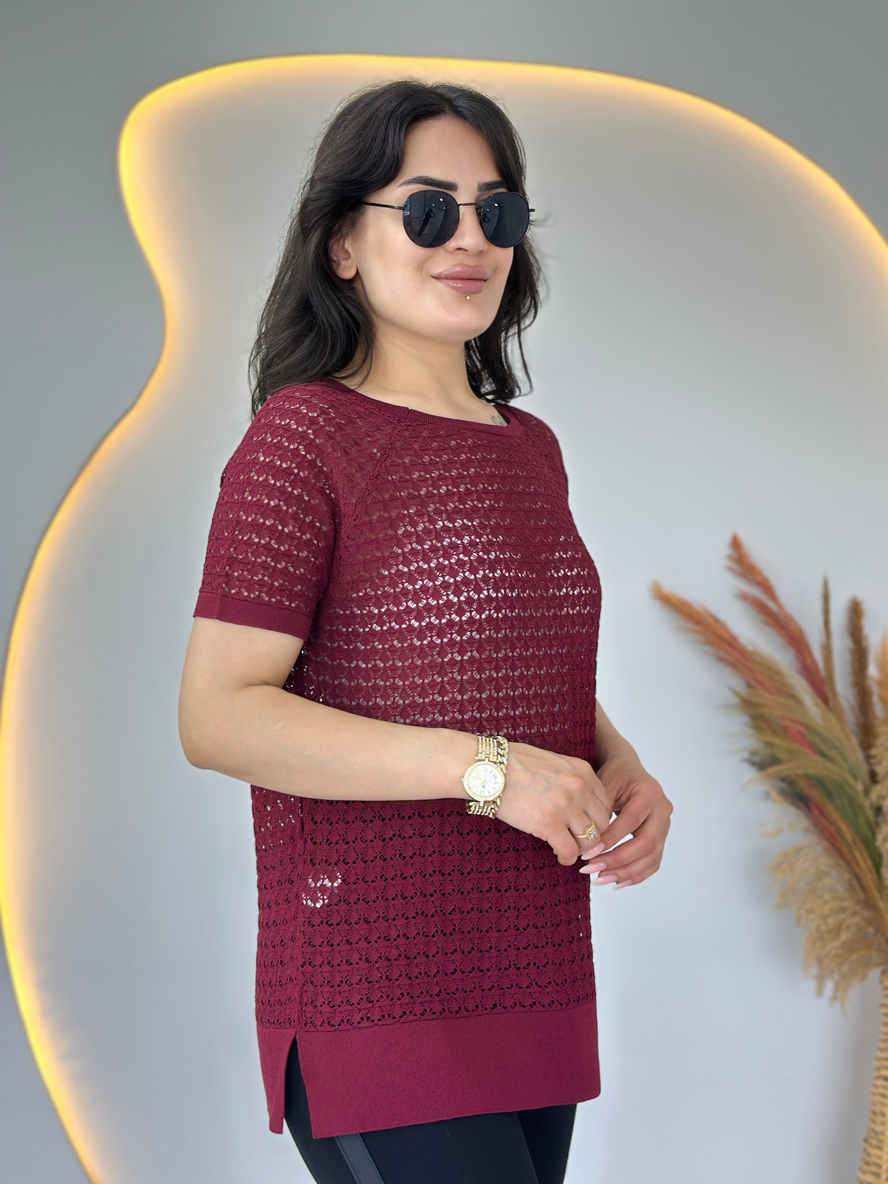 Odea Bordo Bisiklet Yaka File Detaylı Merserize Bluz D134