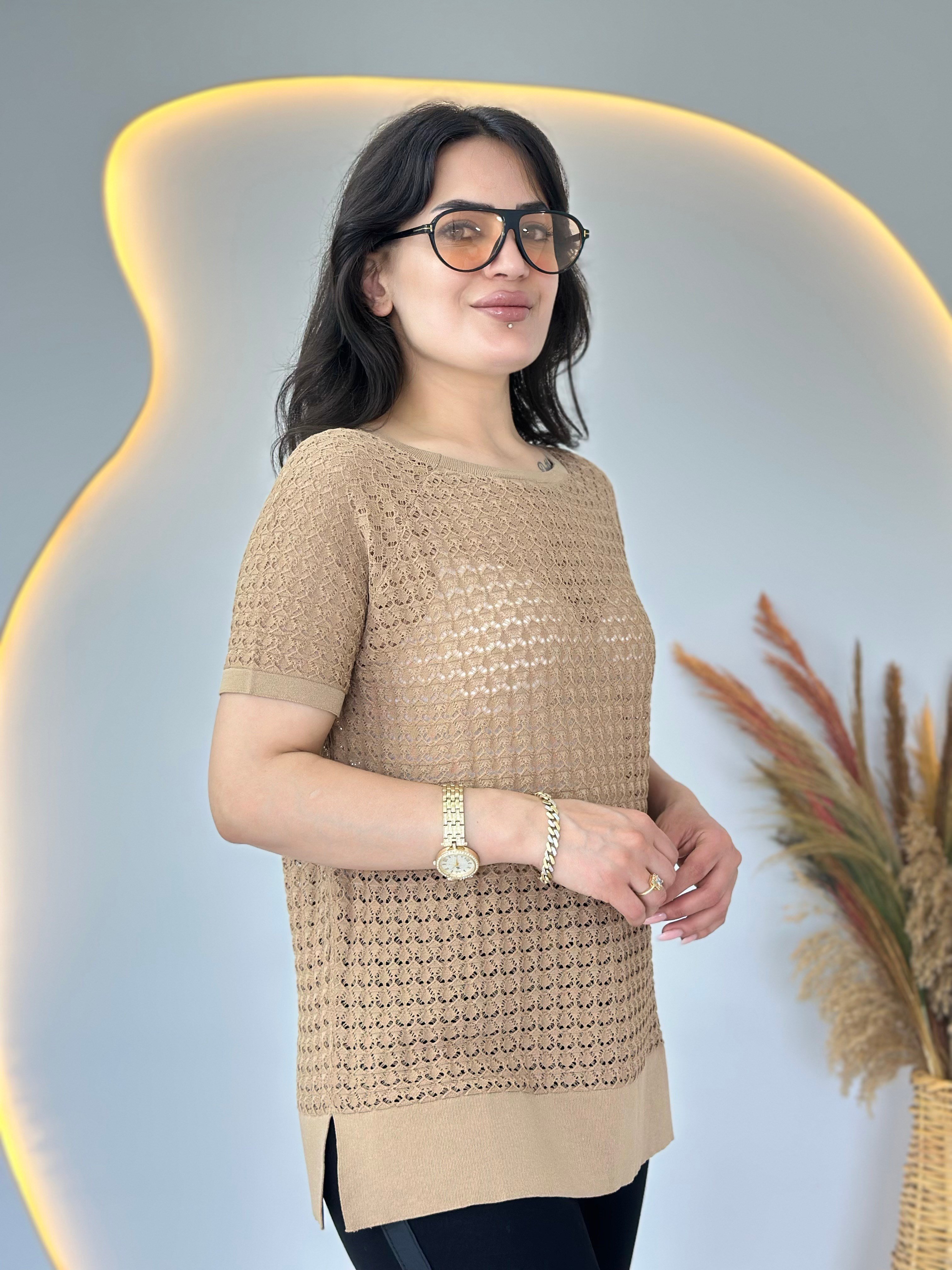 Odea Camel  Bisiklet Yaka File Detaylı Merserize Bluz D134