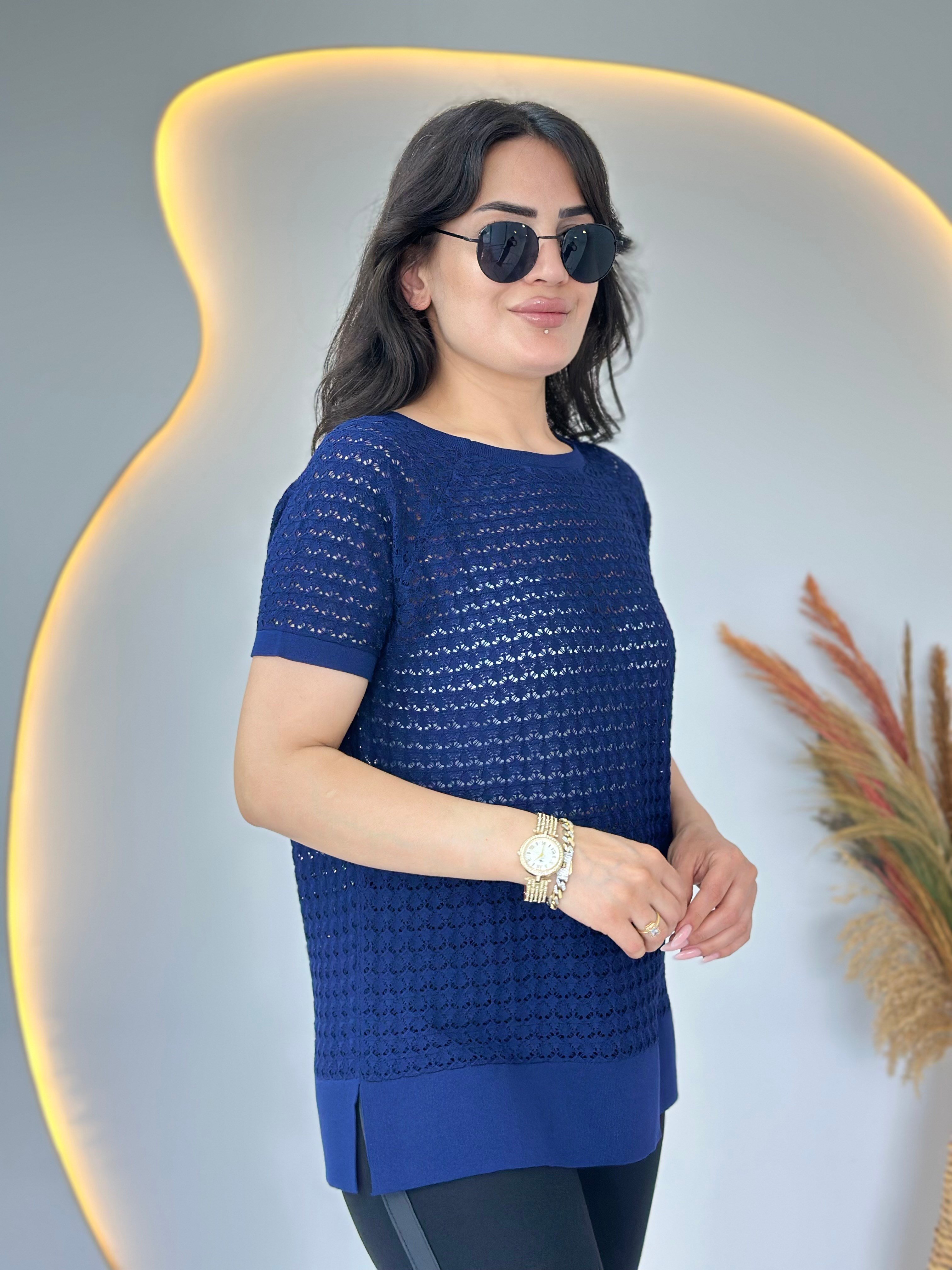 Odea Lacivert Bisiklet Yaka File Detaylı Merserize Bluz D134
